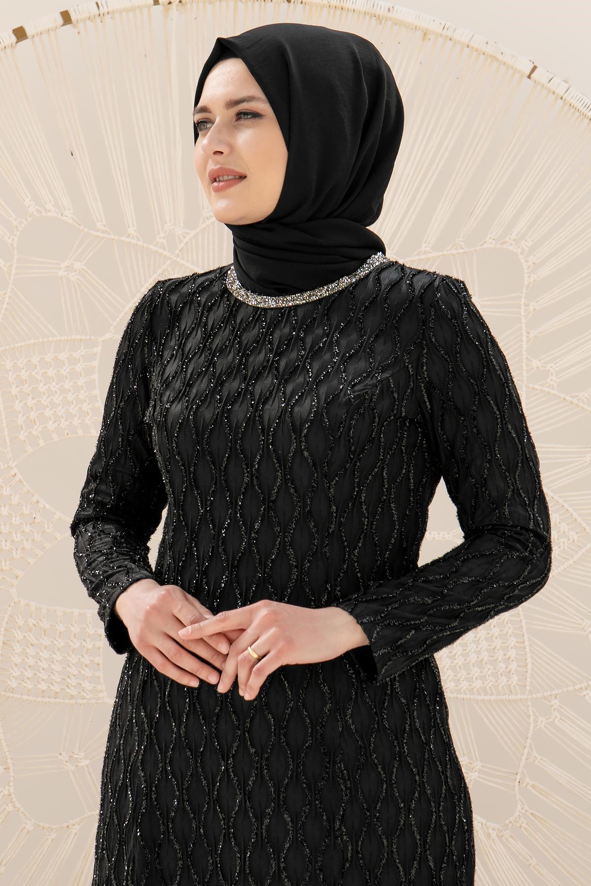 TAŞ İŞLEME DETAYLI SİMLİ ABİYEMDA2232-SİYAHMDA