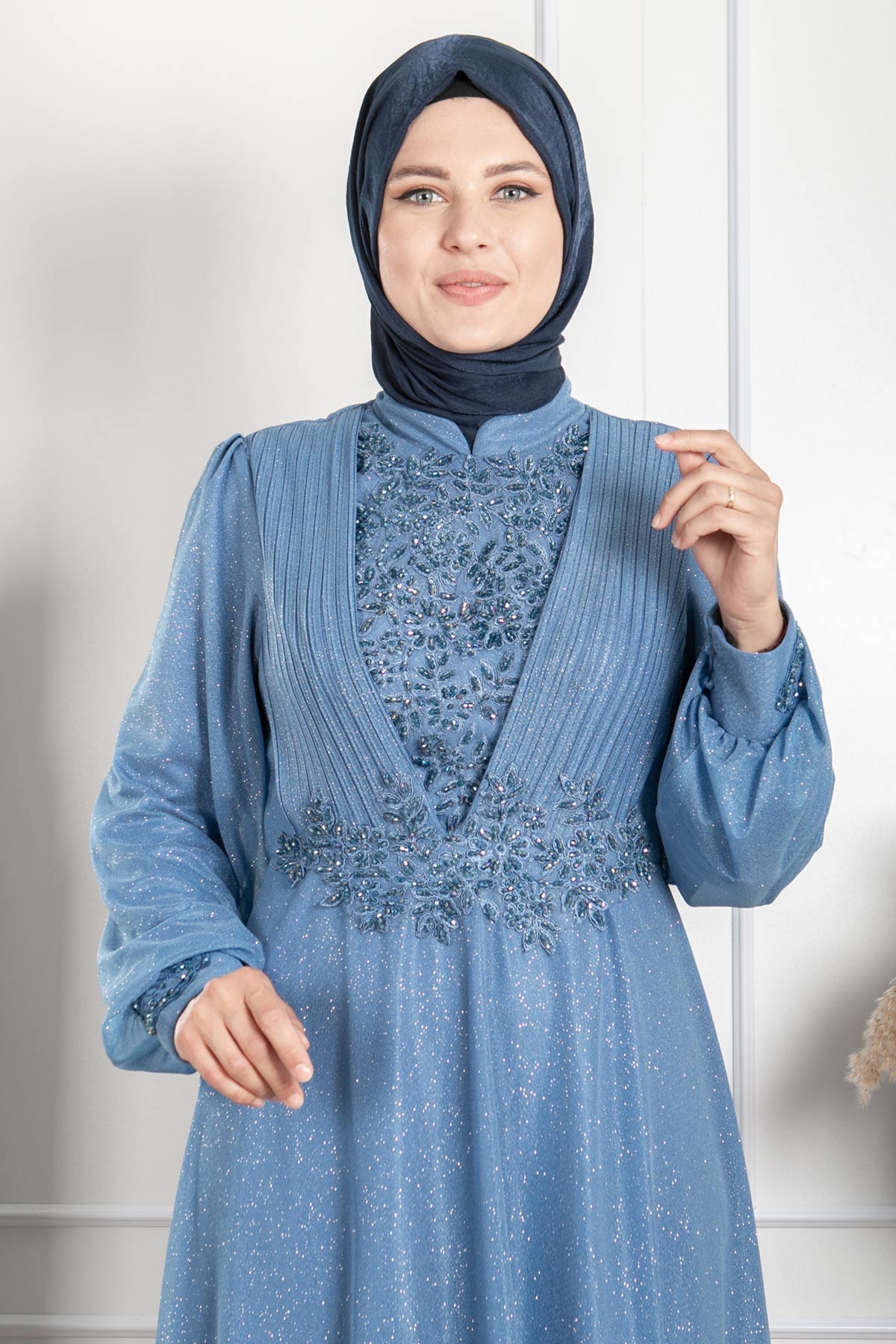 TAŞ İŞLEME DETAYLI SİMLİ ABİYEMDA2258-İNDİGOMDA