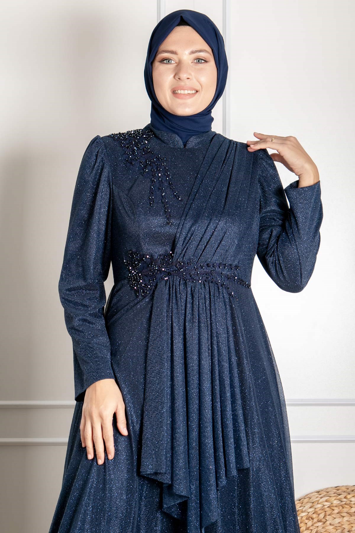 Guipure Detailed Silvery Evening Dress Dark Blue MDA2260MDA2260-LACİVERTMDA
