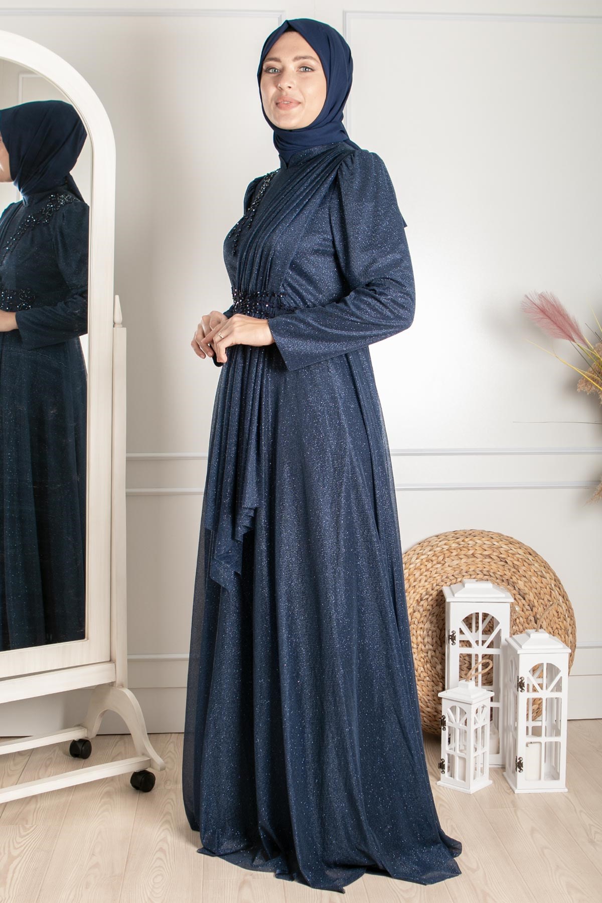 Guipure Detailed Silvery Evening Dress Dark Blue MDA2260MDA2260-LACİVERTMDA