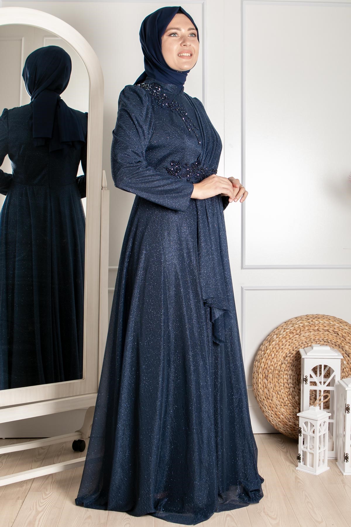 Guipure Detailed Silvery Evening Dress Dark Blue MDA2260MDA2260-LACİVERTMDA
