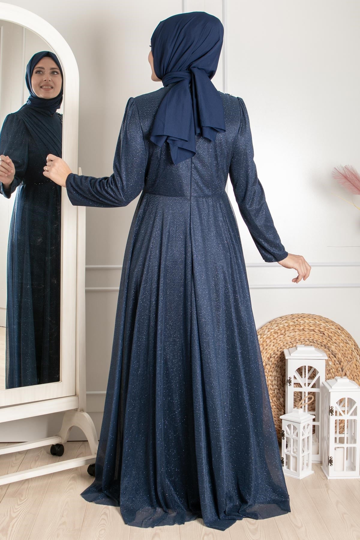 Guipure Detailed Silvery Evening Dress Dark Blue MDA2260MDA2260-LACİVERTMDA