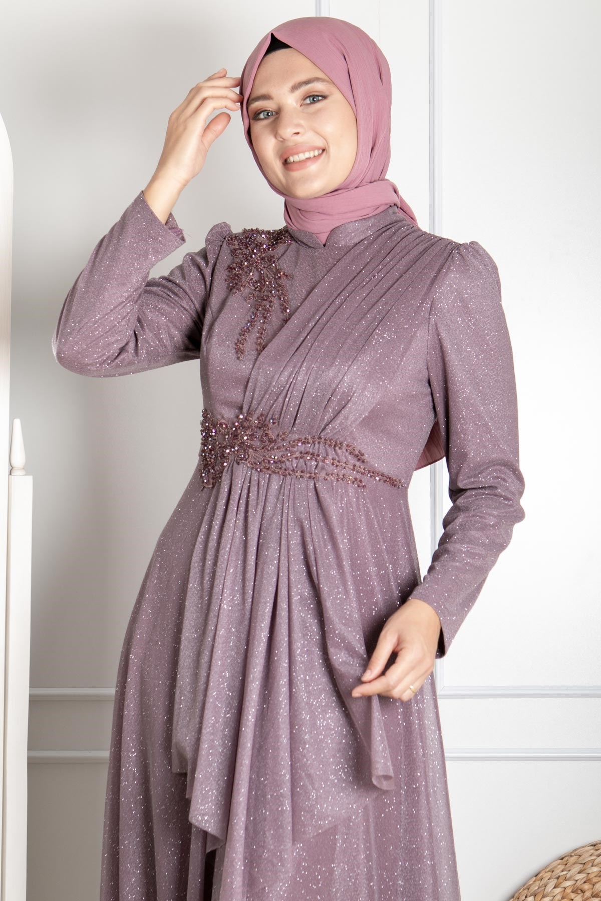 Guipure Detailed Silvery Evening Dress Lavander MDA2260MDA2260-LAVANTAMDA