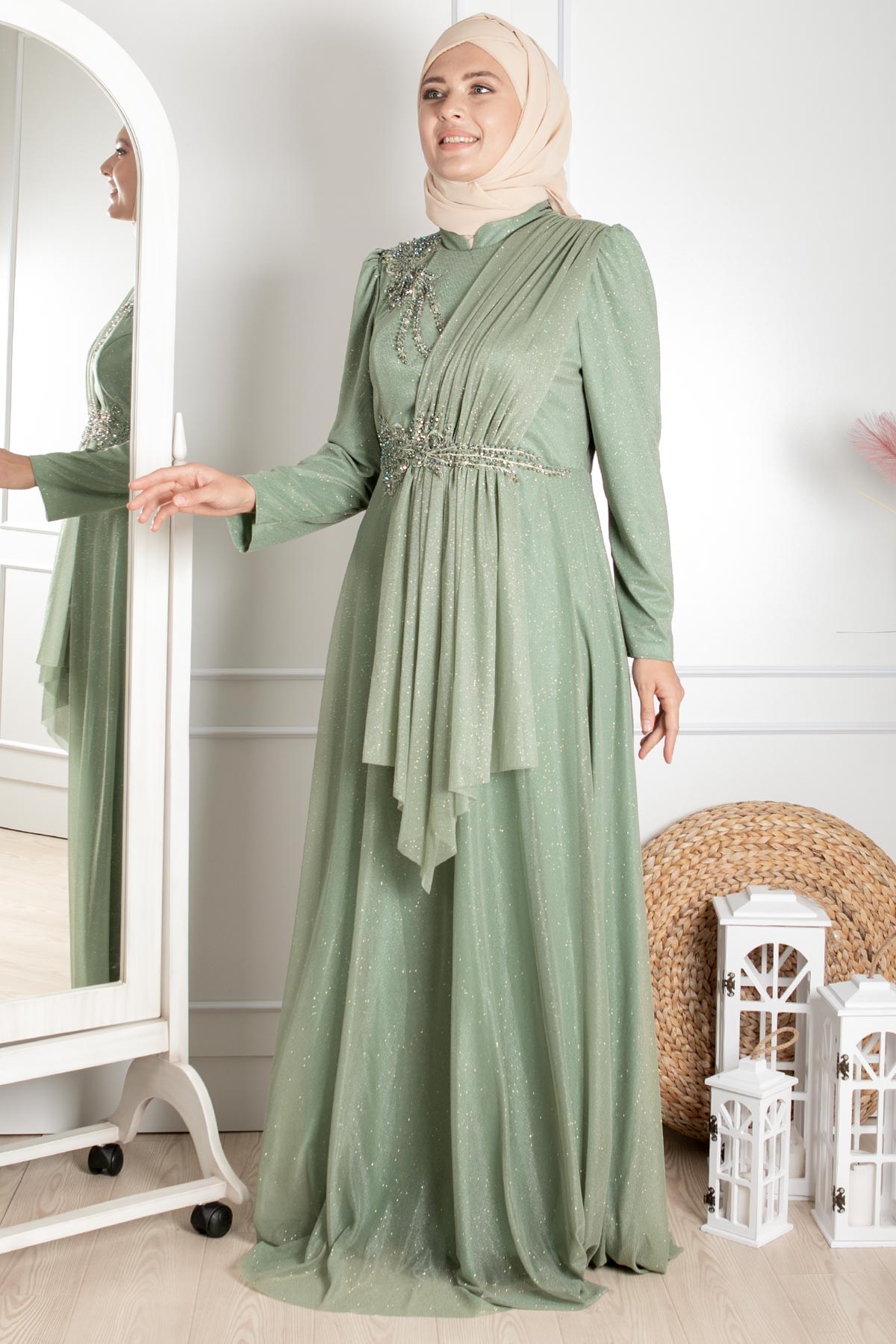 Guipure Detailed Silvery Evening Dress Green MDA2260MDA2260-YEŞİLMDA