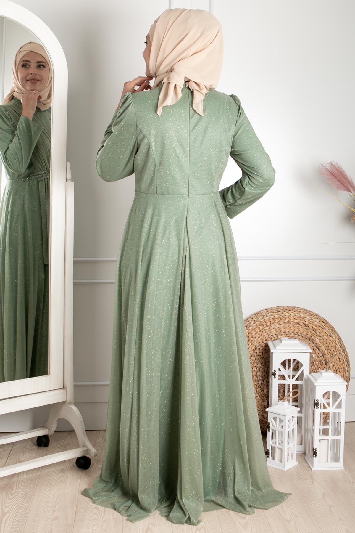 Guipure Detailed Silvery Evening Dress Green MDA2260MDA2260-YEŞİLMDA