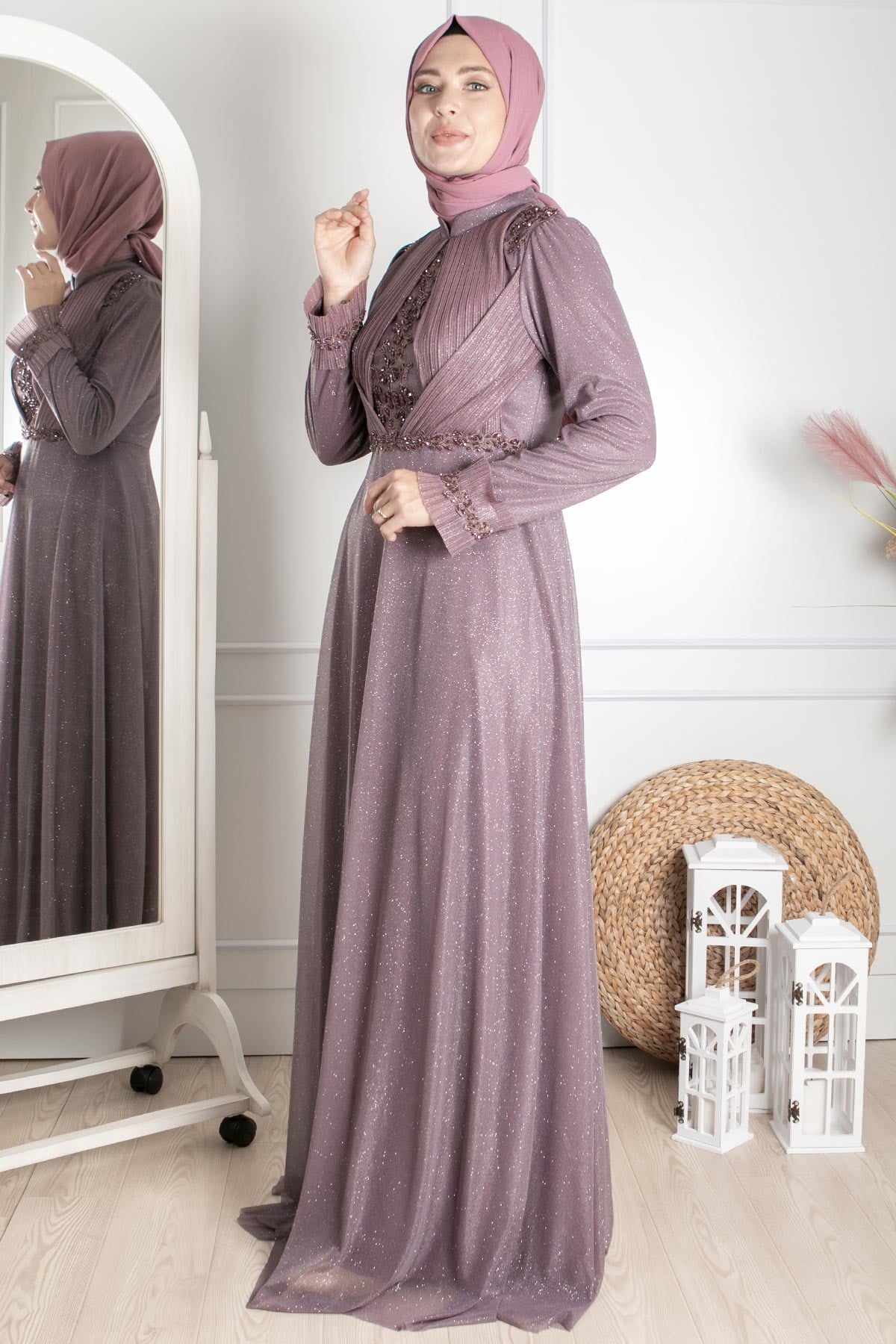 Guipure Detailed Silvery Princess Model Evening Dress Lavander MDA2262MDA2262-LAVANTAMDA