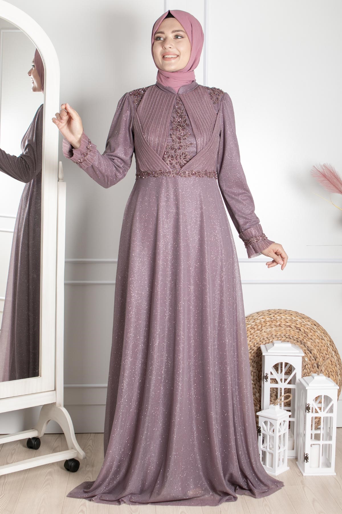 Guipure Detailed Silvery Princess Model Evening Dress Lavander MDA2262MDA2262-LAVANTAMDA