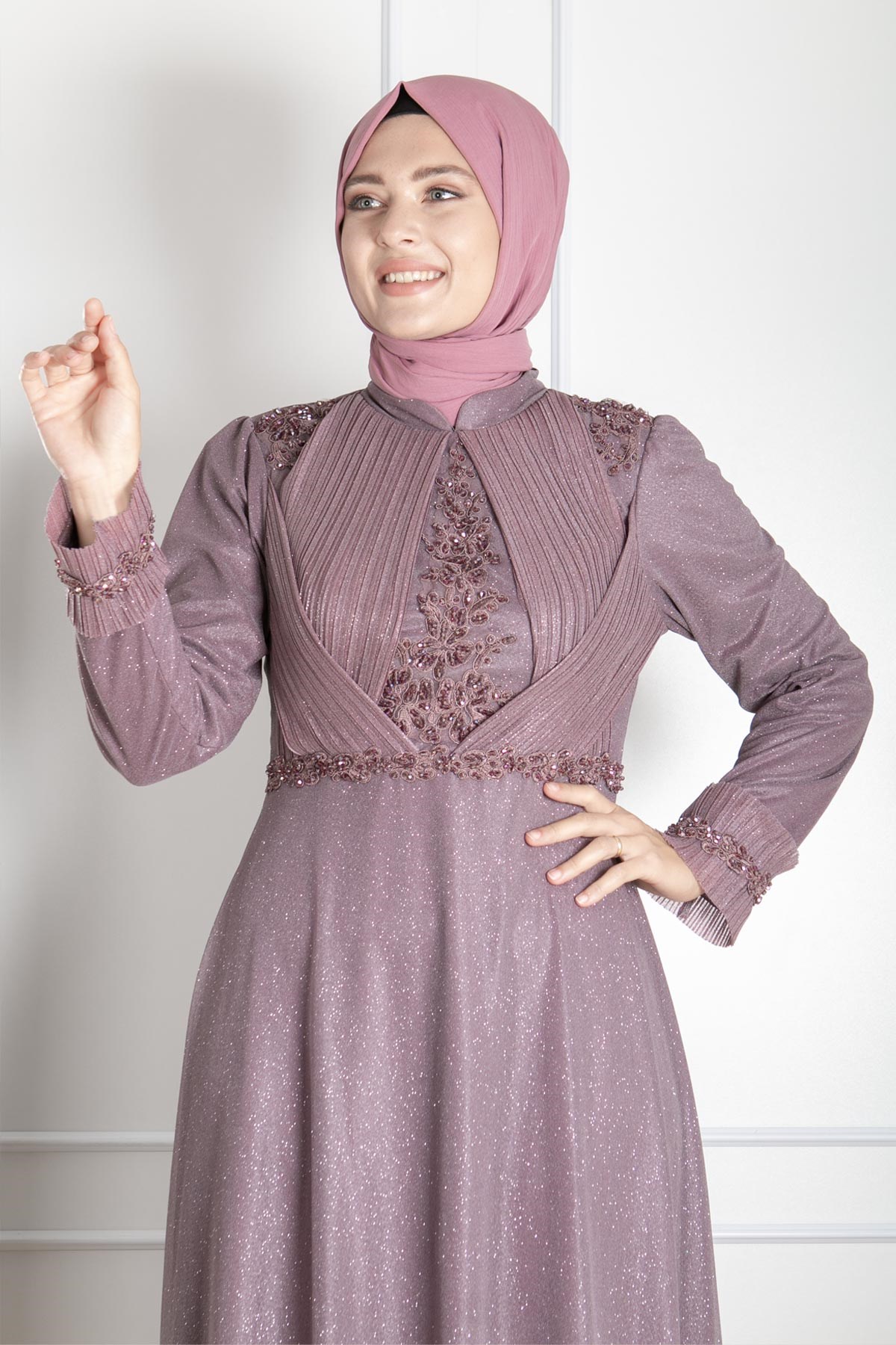 Guipure Detailed Silvery Princess Model Evening Dress Lavander MDA2262MDA2262-LAVANTAMDA