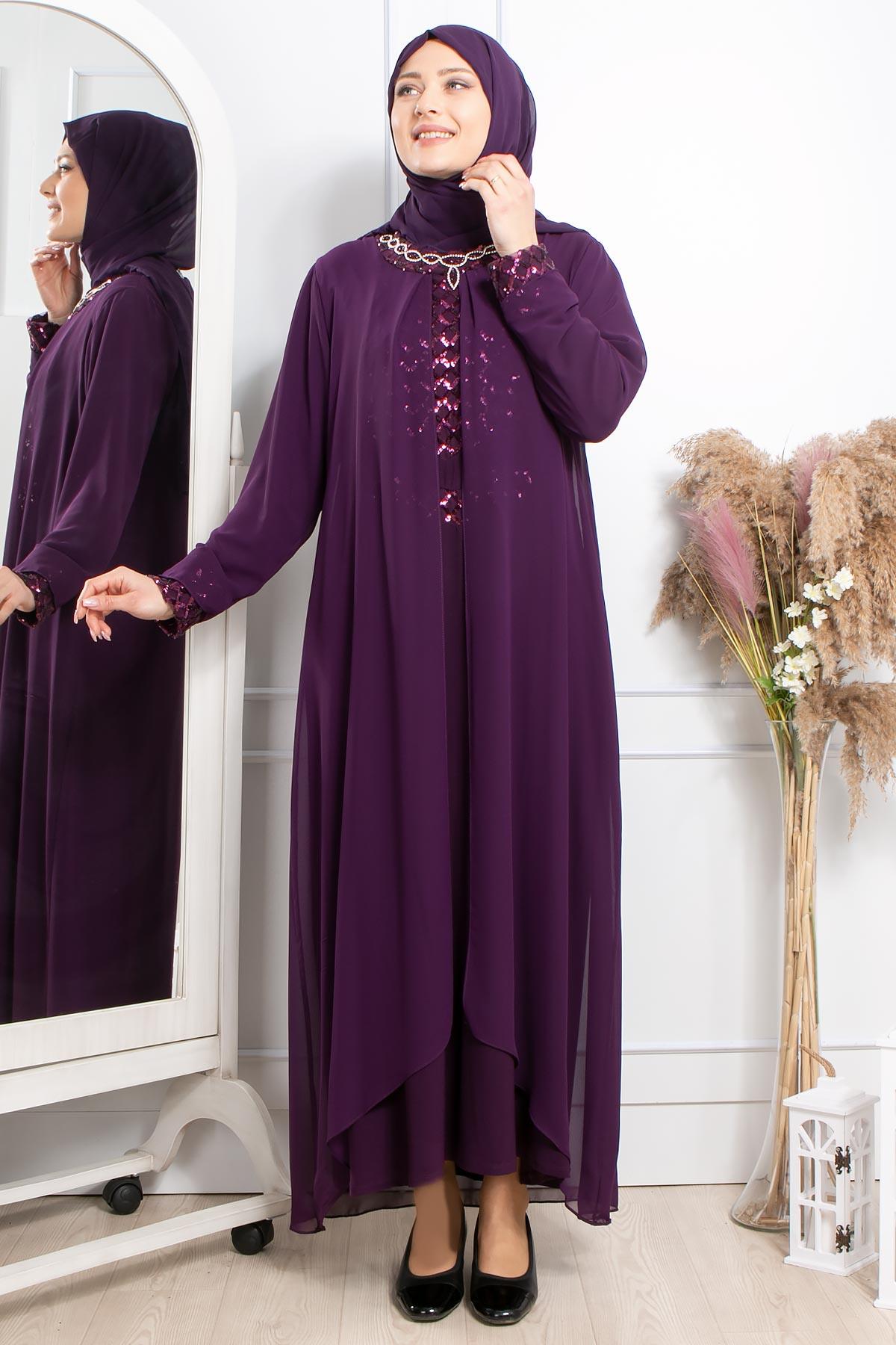 TAŞ İŞLEME DETAYLI PAYETLİ ELBİSE MDA2301-MÜRDÜMMDA