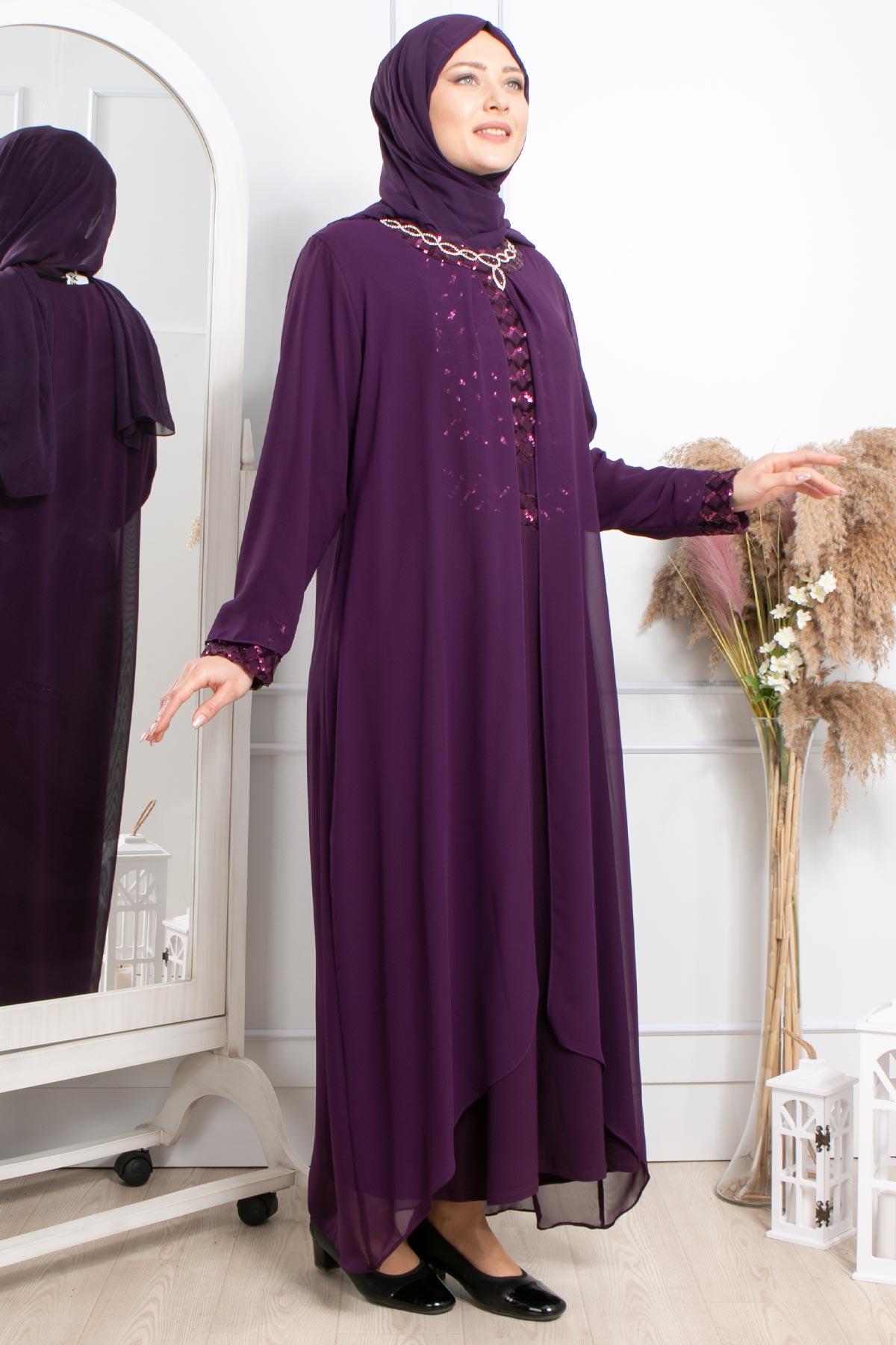 TAŞ İŞLEME DETAYLI PAYETLİ ELBİSE MDA2301-MÜRDÜMMDA