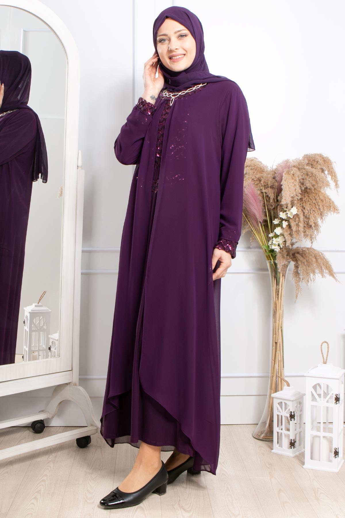 TAŞ İŞLEME DETAYLI PAYETLİ ELBİSE MDA2301-MÜRDÜMMDA