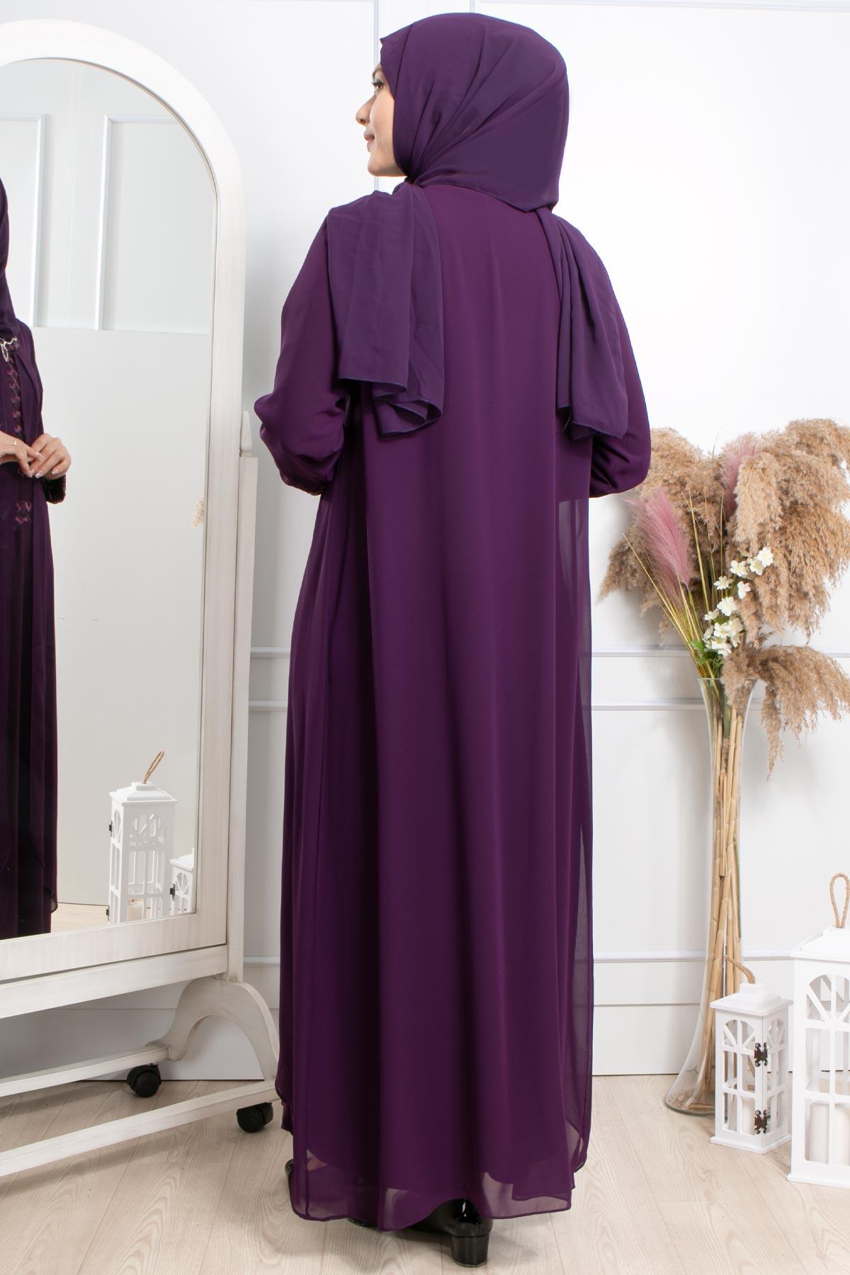 TAŞ İŞLEME DETAYLI PAYETLİ ELBİSE MDA2301-MÜRDÜMMDA