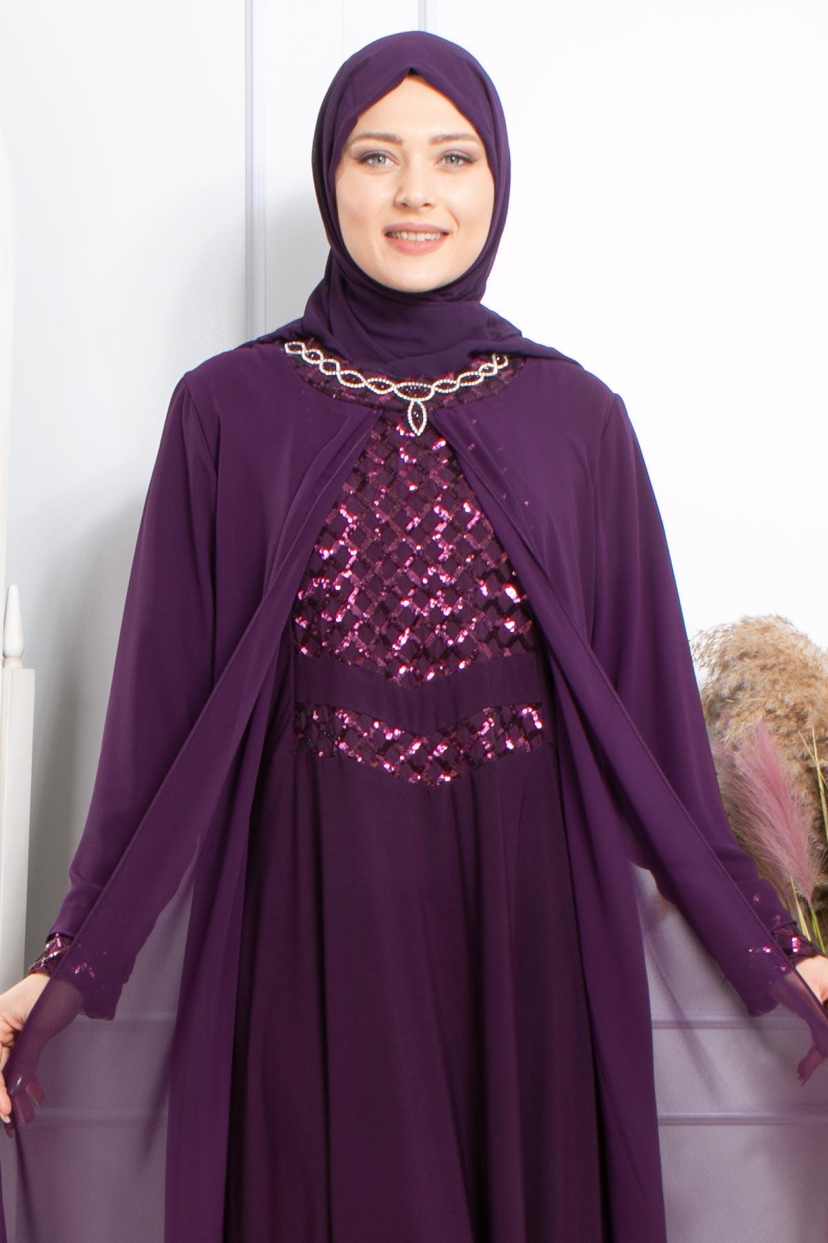 TAŞ İŞLEME DETAYLI PAYETLİ ELBİSE MDA2301-MÜRDÜMMDA