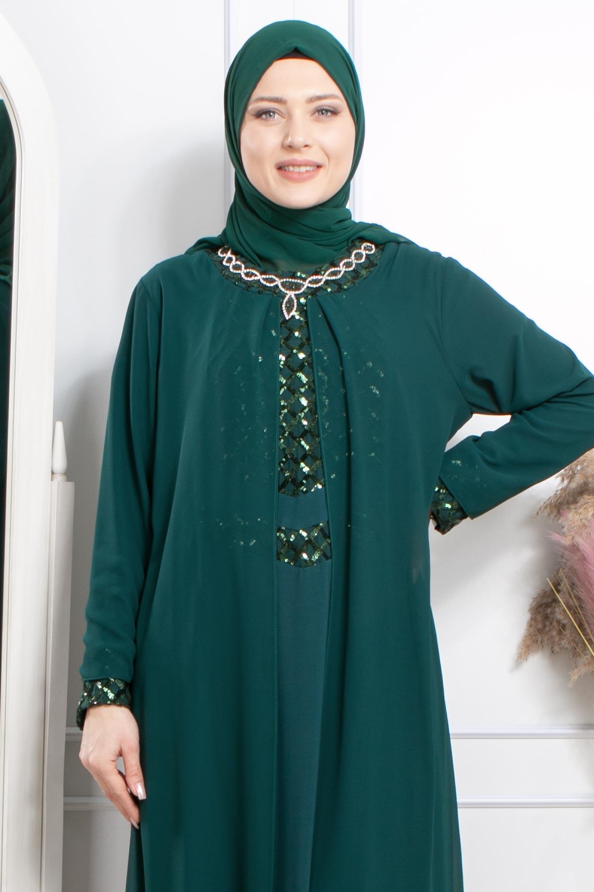 TAŞ İŞLEME DETAYLI PAYETLİ ELBİSE MDA2301-ZÜMRÜTMDA