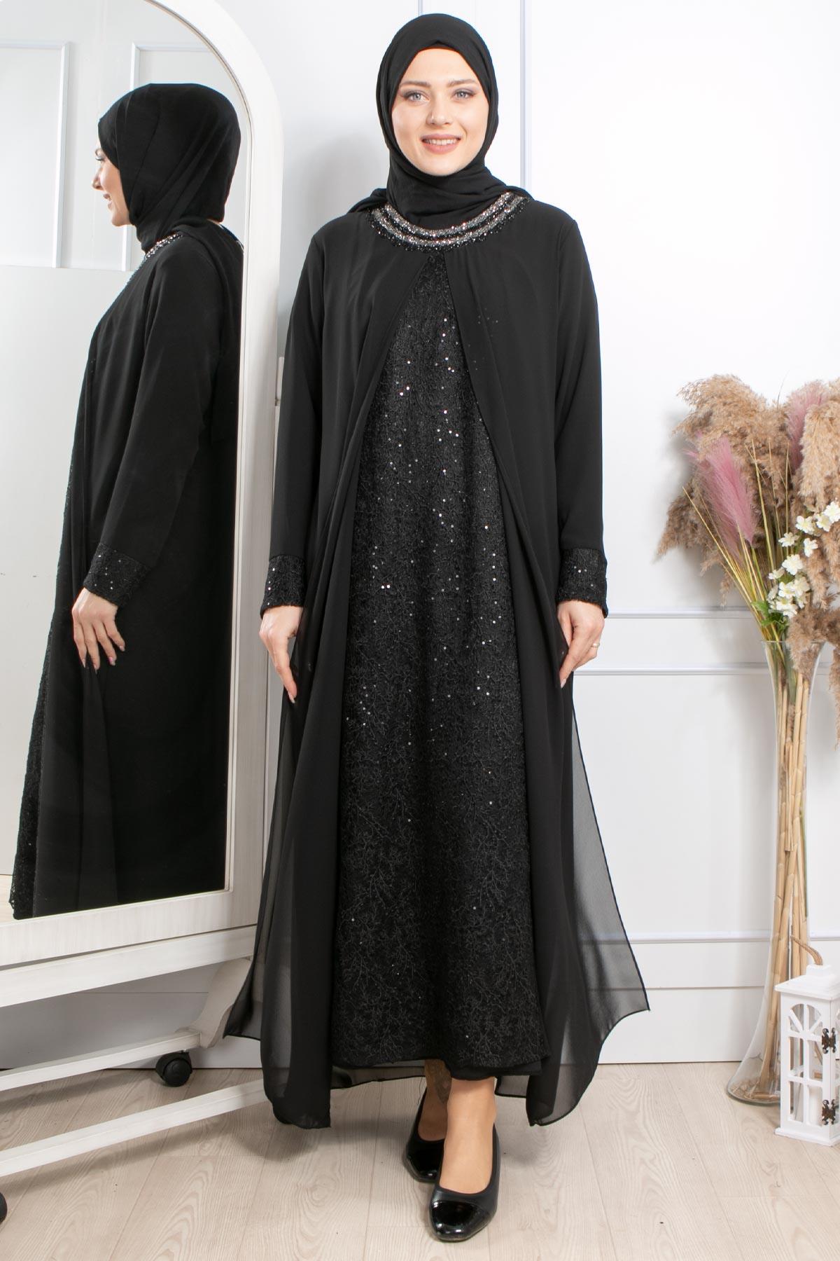 TAŞ İŞLEMELİ ŞİFON ABİYEMDA2303-SİYAHMDA