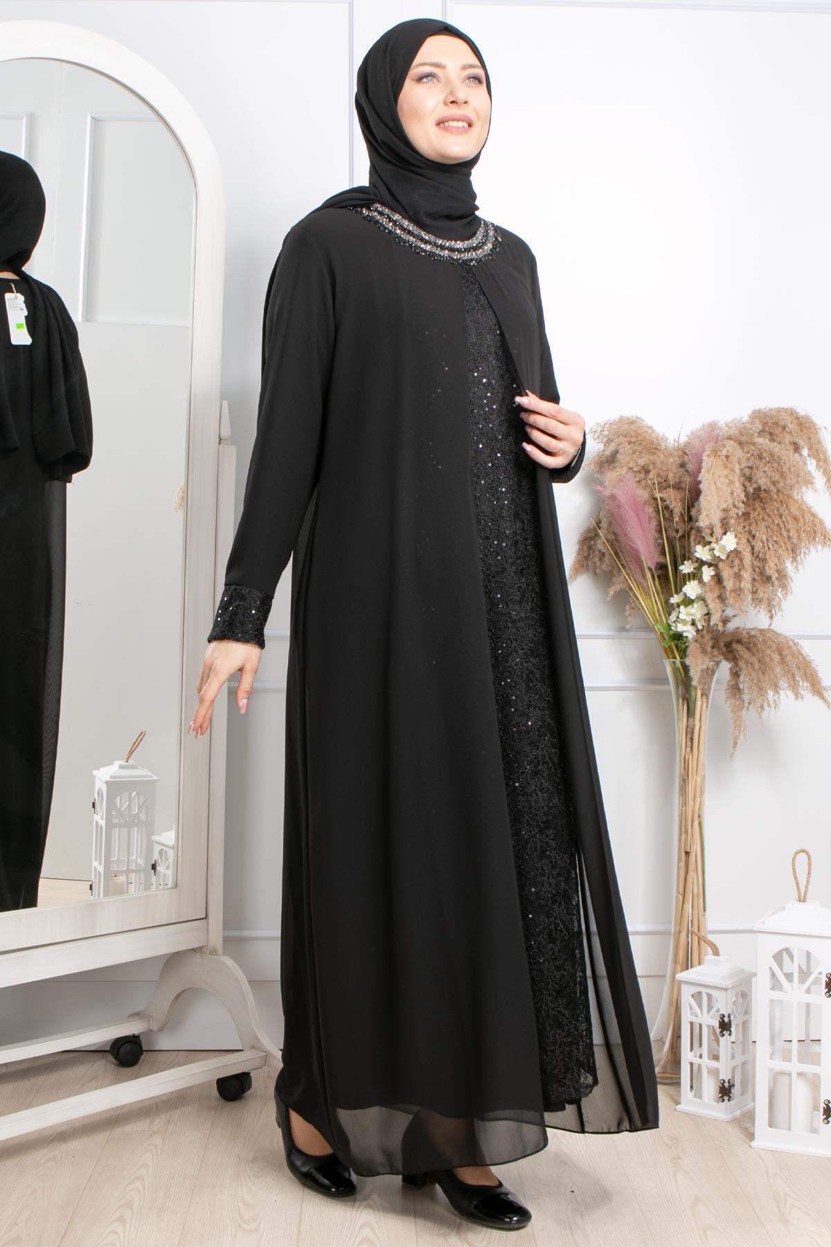 TAŞ İŞLEMELİ ŞİFON ABİYEMDA2303-SİYAHMDA
