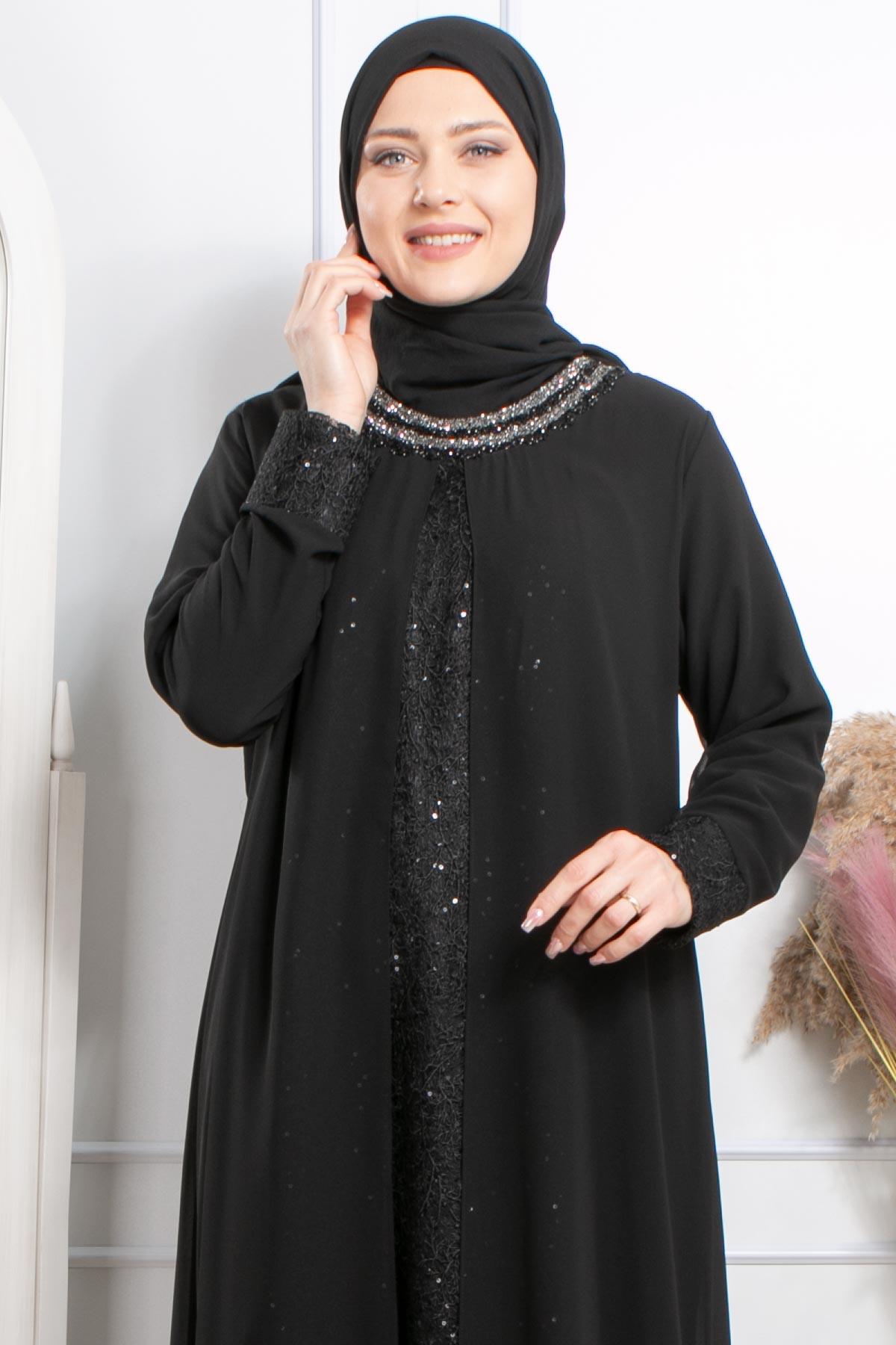 TAŞ İŞLEMELİ ŞİFON ABİYEMDA2303-SİYAHMDA