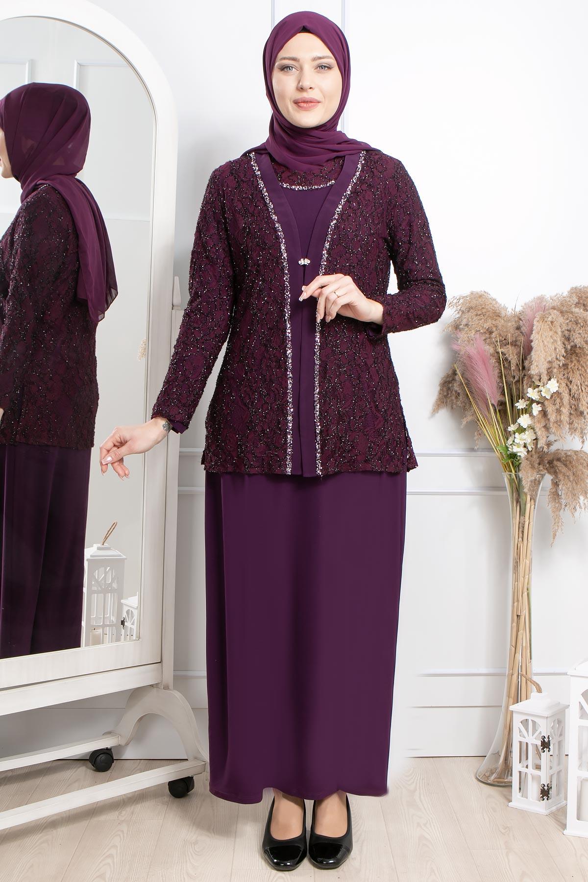 İŞLEMELİ CEKET DETAYLI ABİYE TAKIMMDA2306-MÜRDÜMMDA