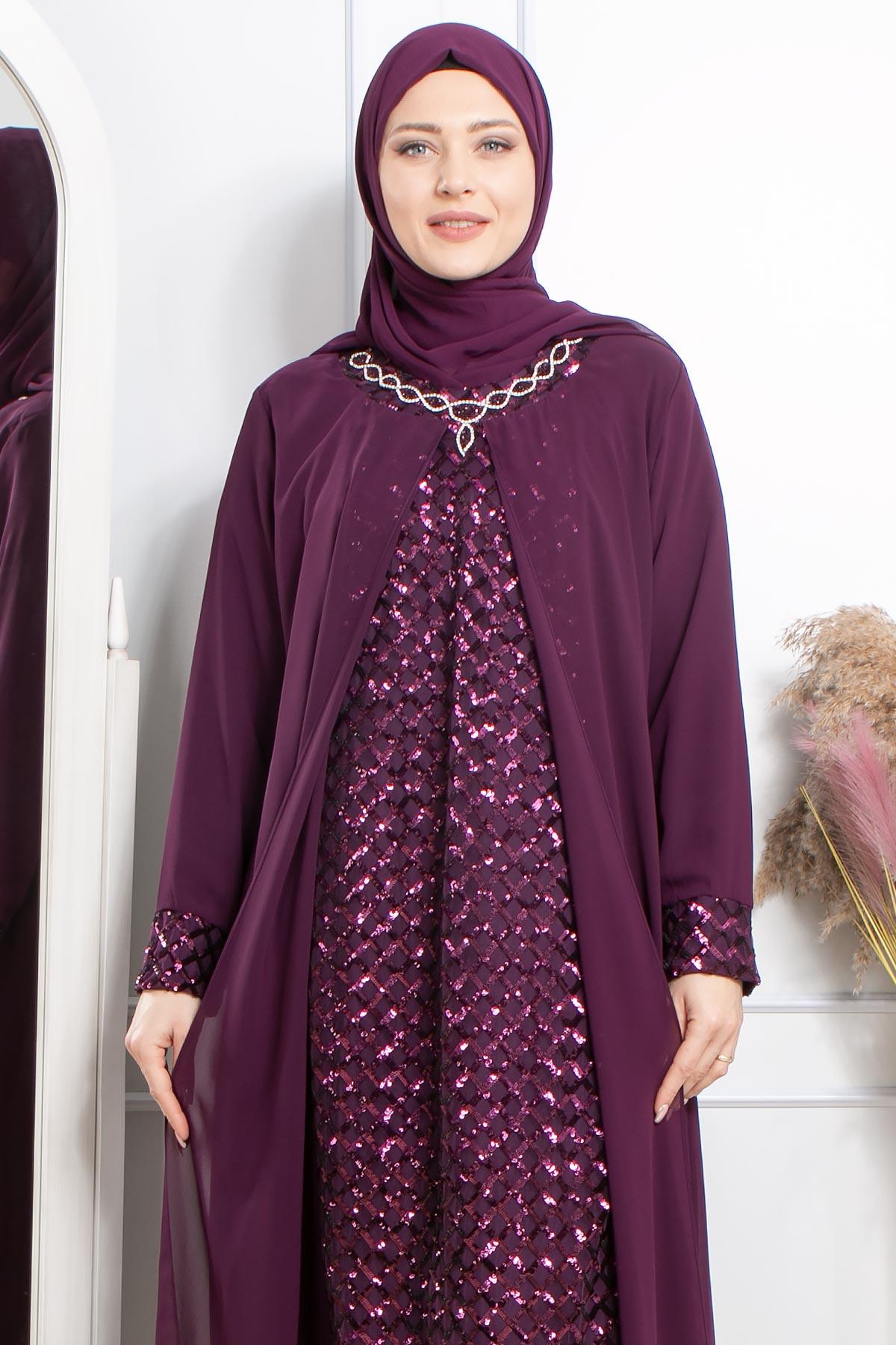 Taş İşlemeli Pul Payetli Abiye Mürdüm MDA2307MDA2307-MÜRDÜMMDA