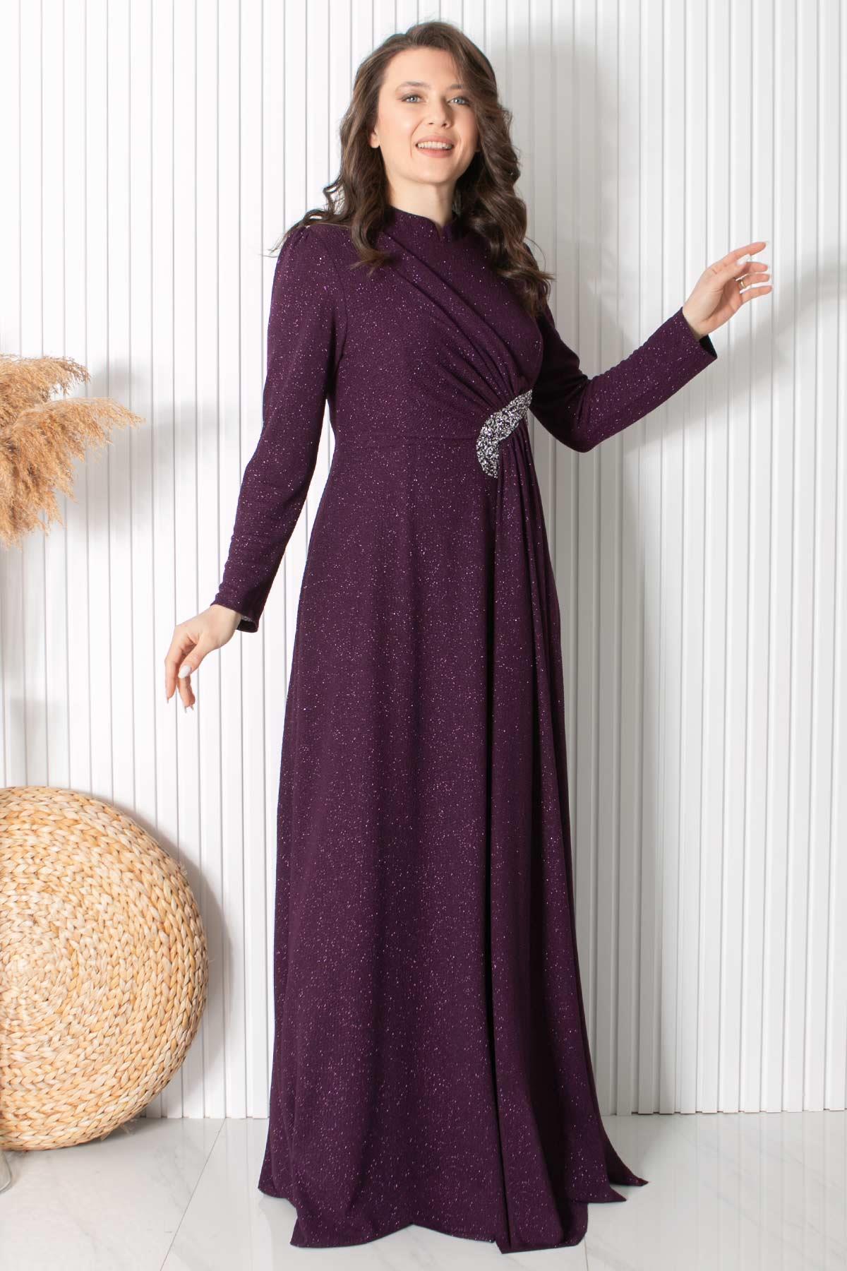 Simli Taş Baskı Detaylı Abiye Mürdüm MDA2430MDA2430-MÜRDÜMMDA