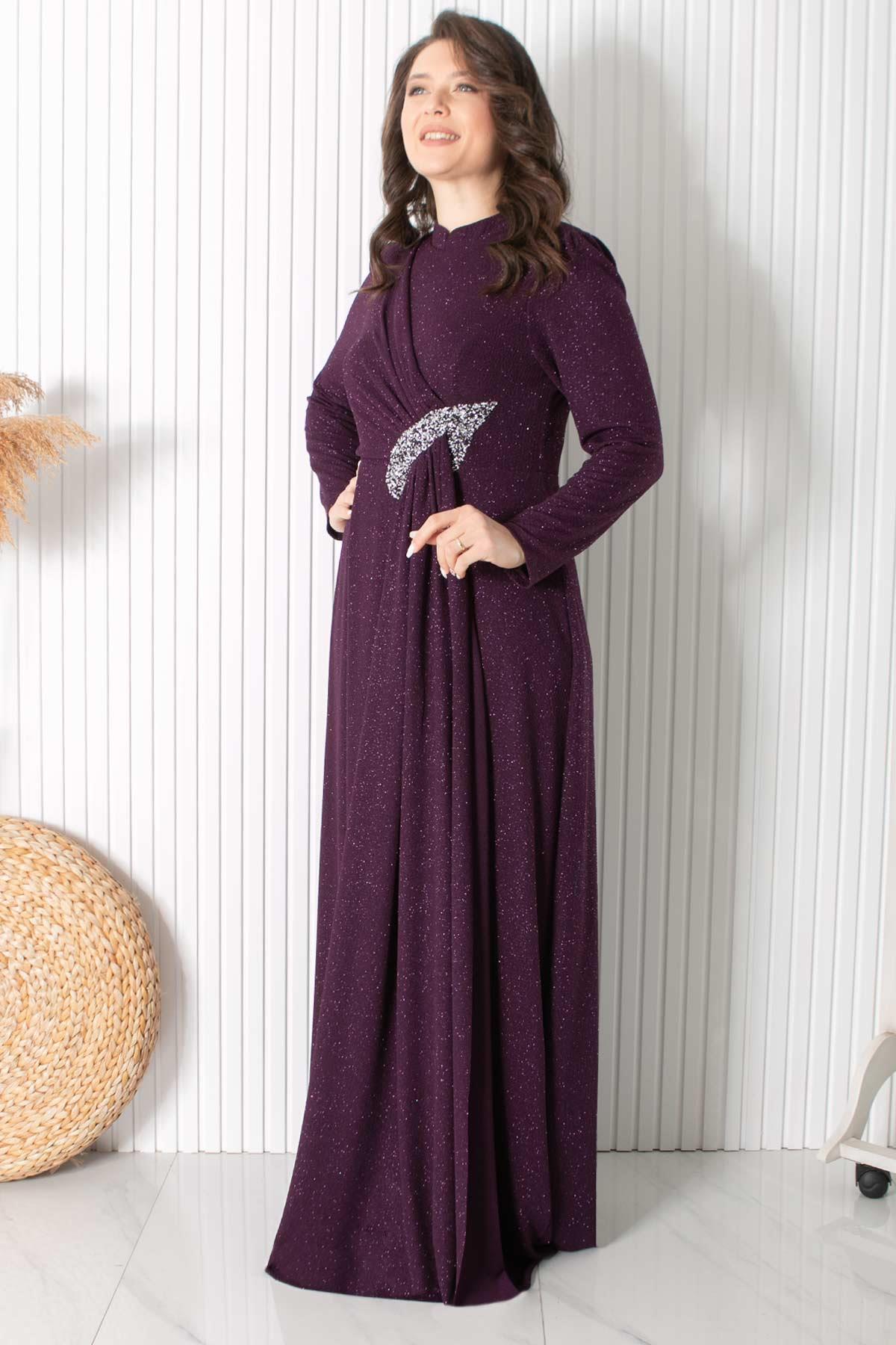 Simli Taş Baskı Detaylı Abiye Mürdüm MDA2430MDA2430-MÜRDÜMMDA