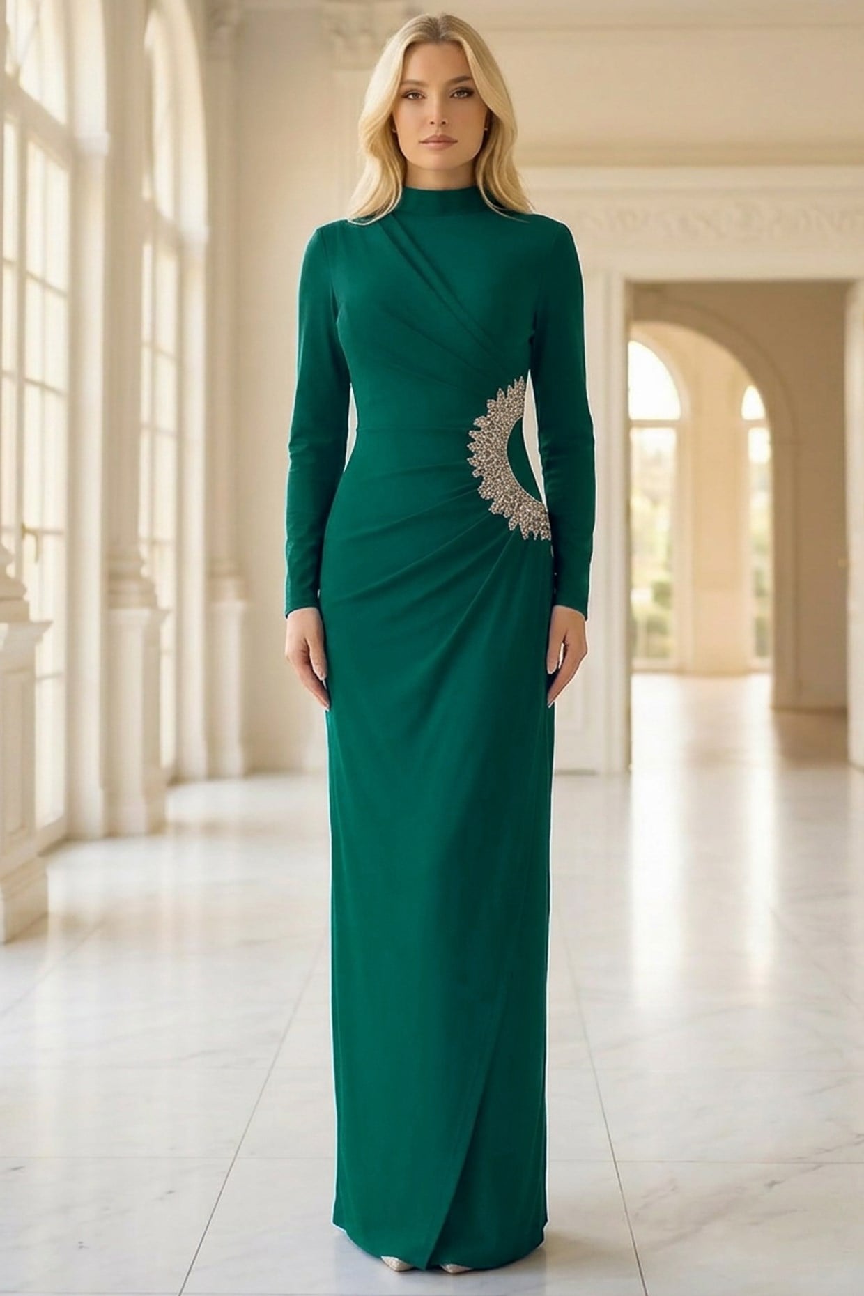 Pile Detaylı Taş İşlemeli Astarlı Büyük Beden Tesettür Abiye Petrol MDA2648MDA2648-PETROLMDA