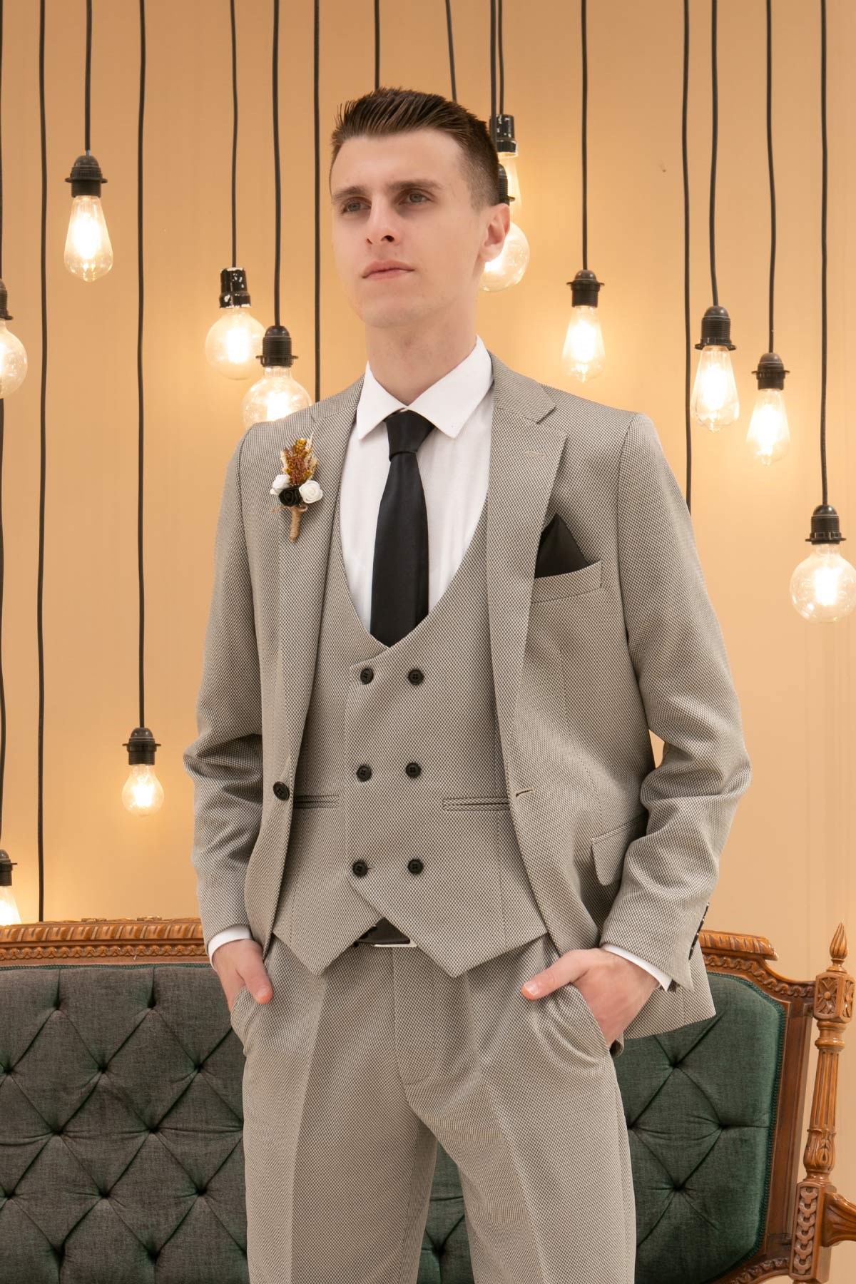 Pants - Vest - Jacket - 3 Piece Suit - Lined - Beige -  MDV100MDV100-BEJModaviki