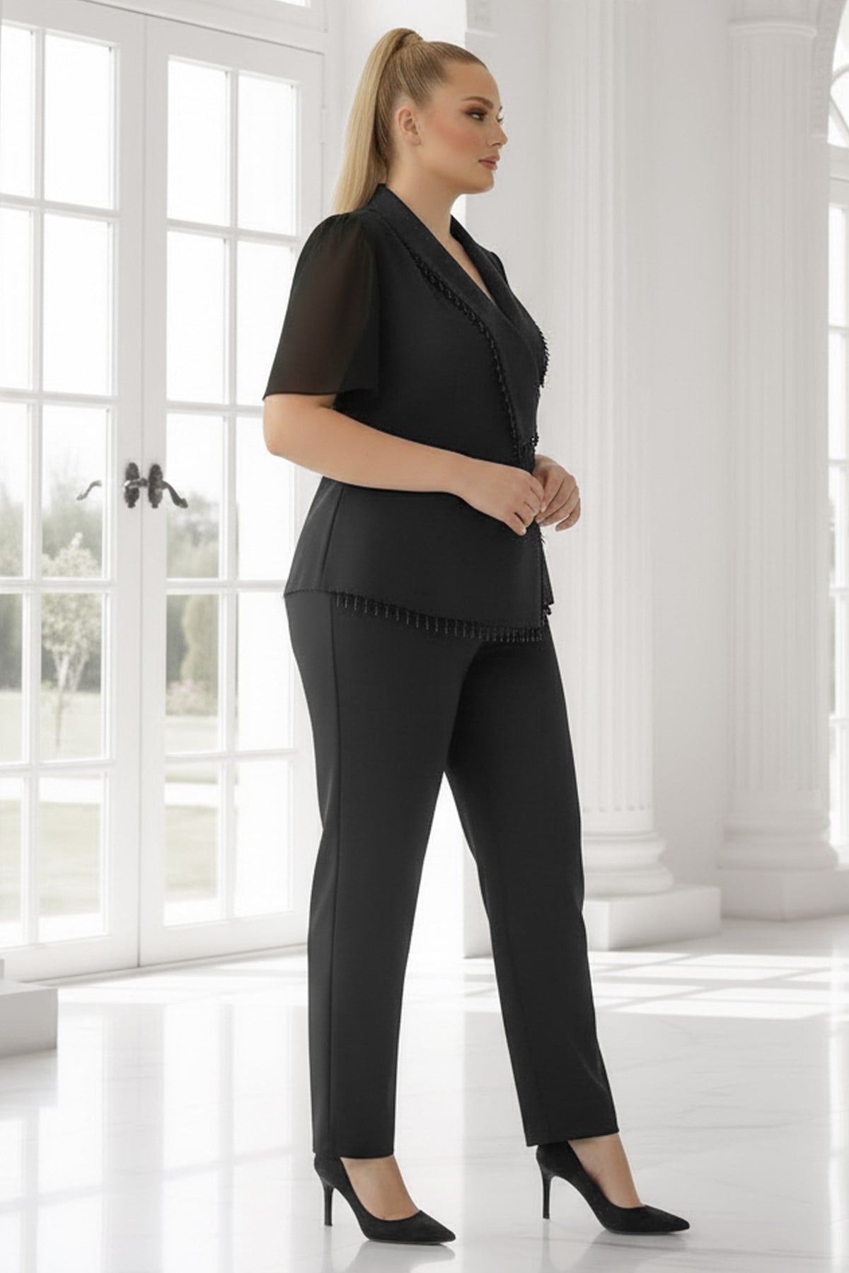 Krep Taş Detaylı Ceket Pantolon TakımMDV1001-SiyahModaviki