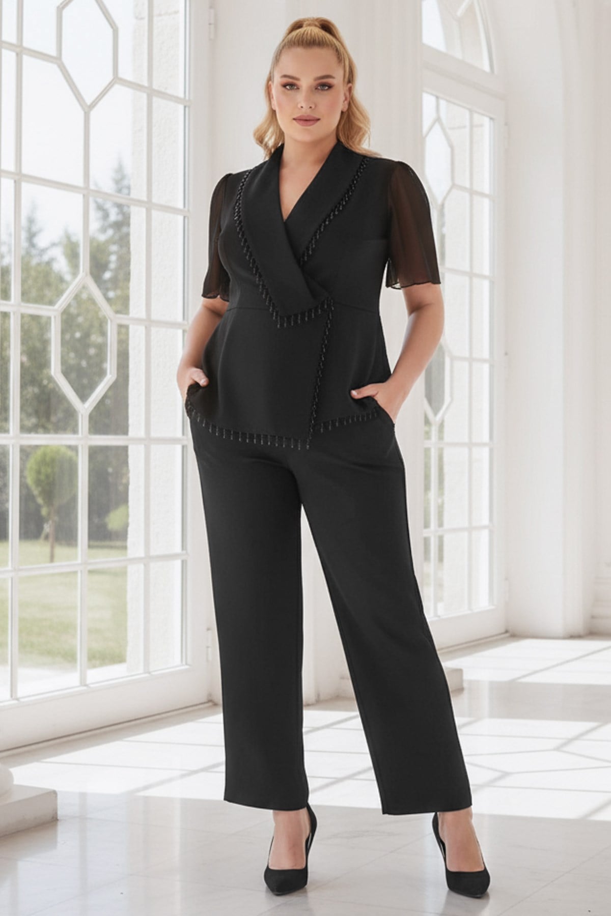 Krep Taş Detaylı Ceket Pantolon TakımMDV1001-SiyahModaviki