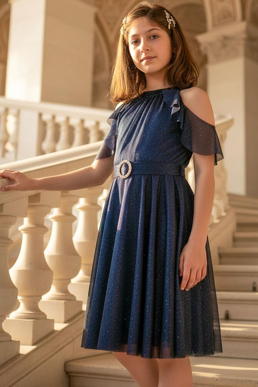 Silvery Tulle Child Evening Dress Dark Blue MDV310 MDV310-LACİVERTModaviki