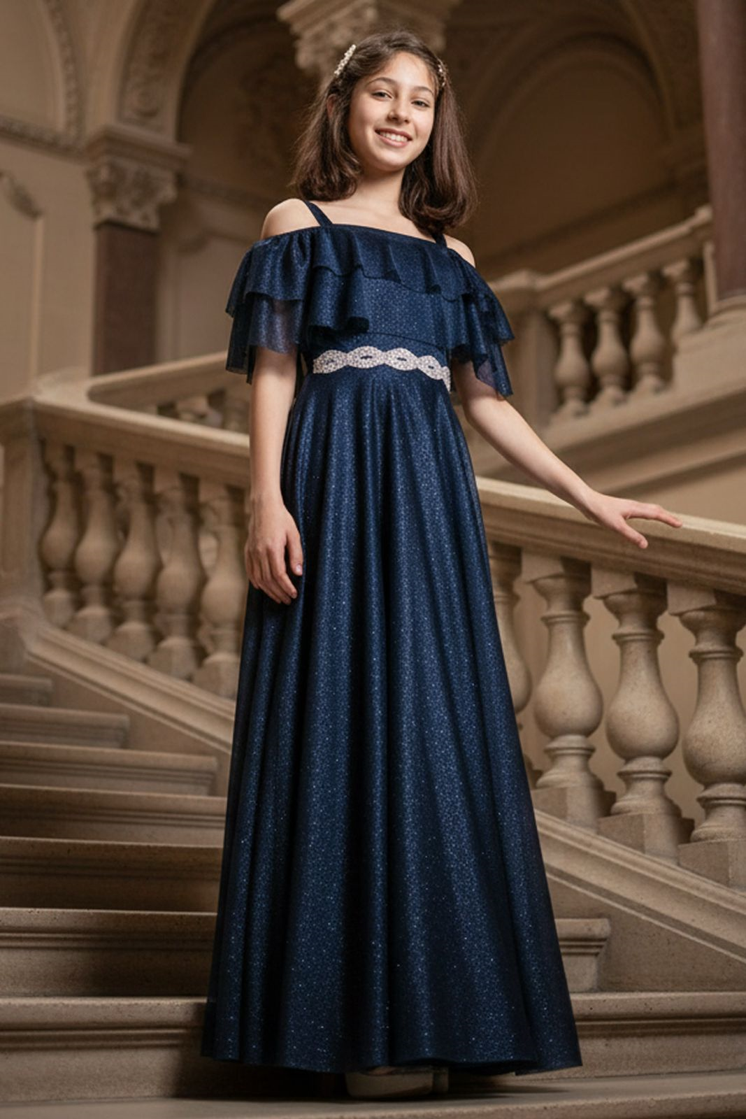 Rüschendetailliertes silbernes Tüll-Abendkleid Navy Blau MDV314MDV314-LACİVERTModaviki