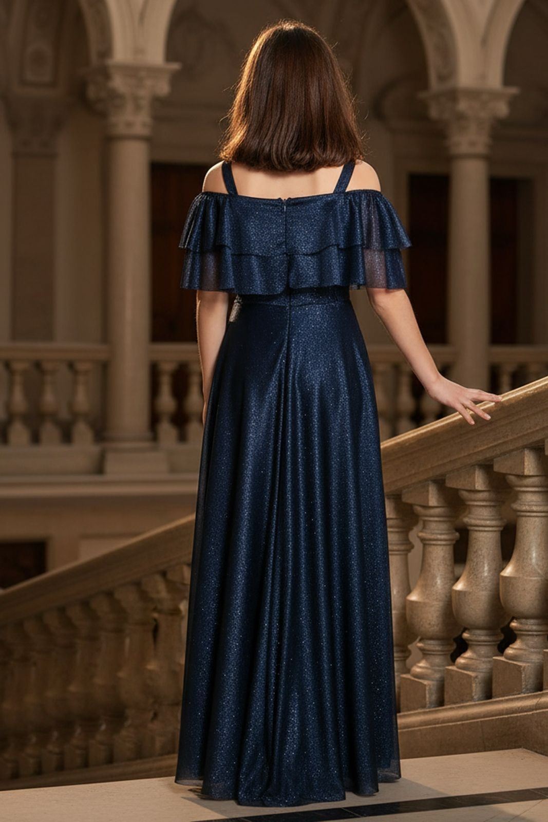 Rüschendetailliertes silbernes Tüll-Abendkleid Navy Blau MDV314MDV314-LACİVERTModaviki