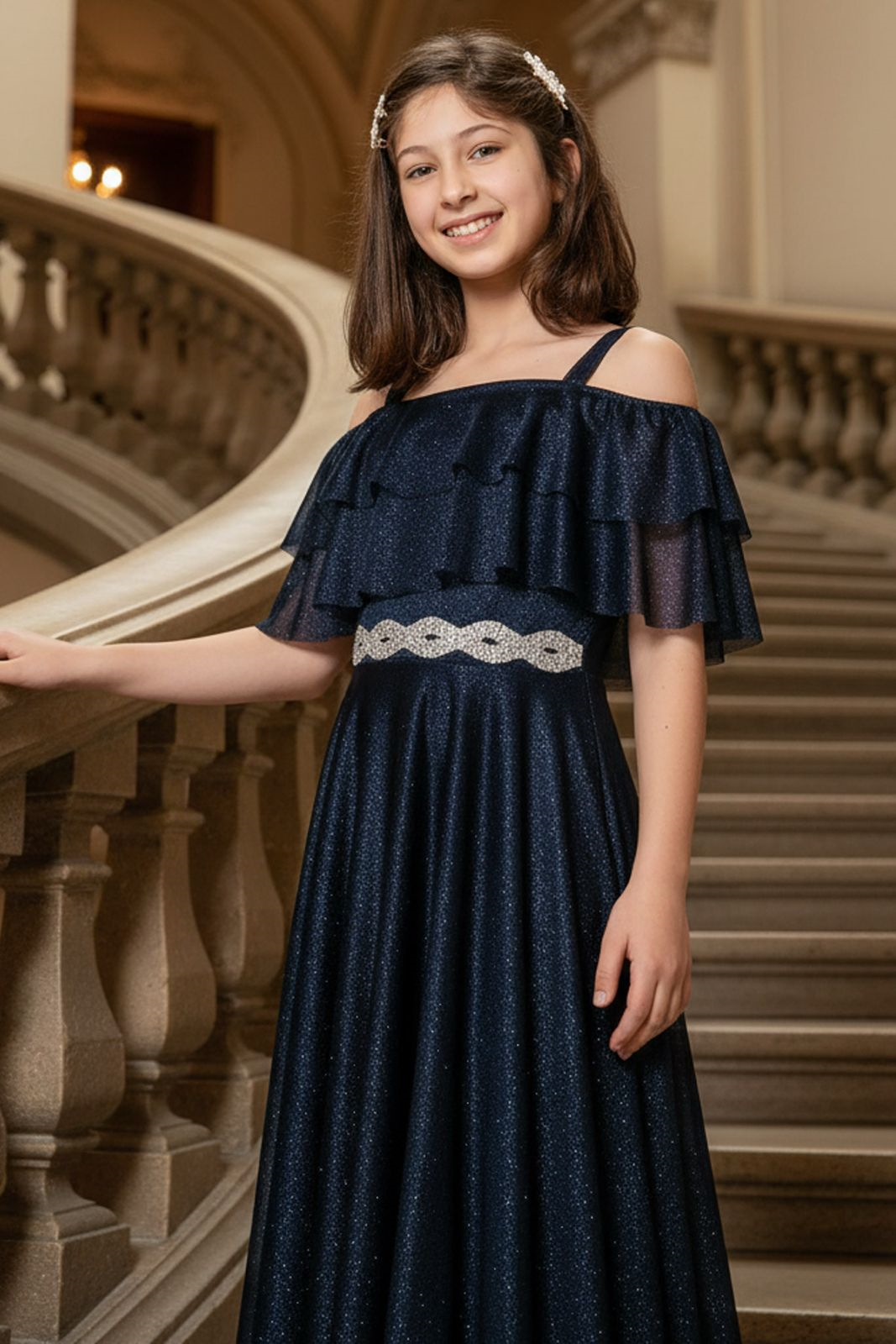 Rüschendetailliertes silbernes Tüll-Abendkleid Navy Blau MDV314MDV314-LACİVERTModaviki
