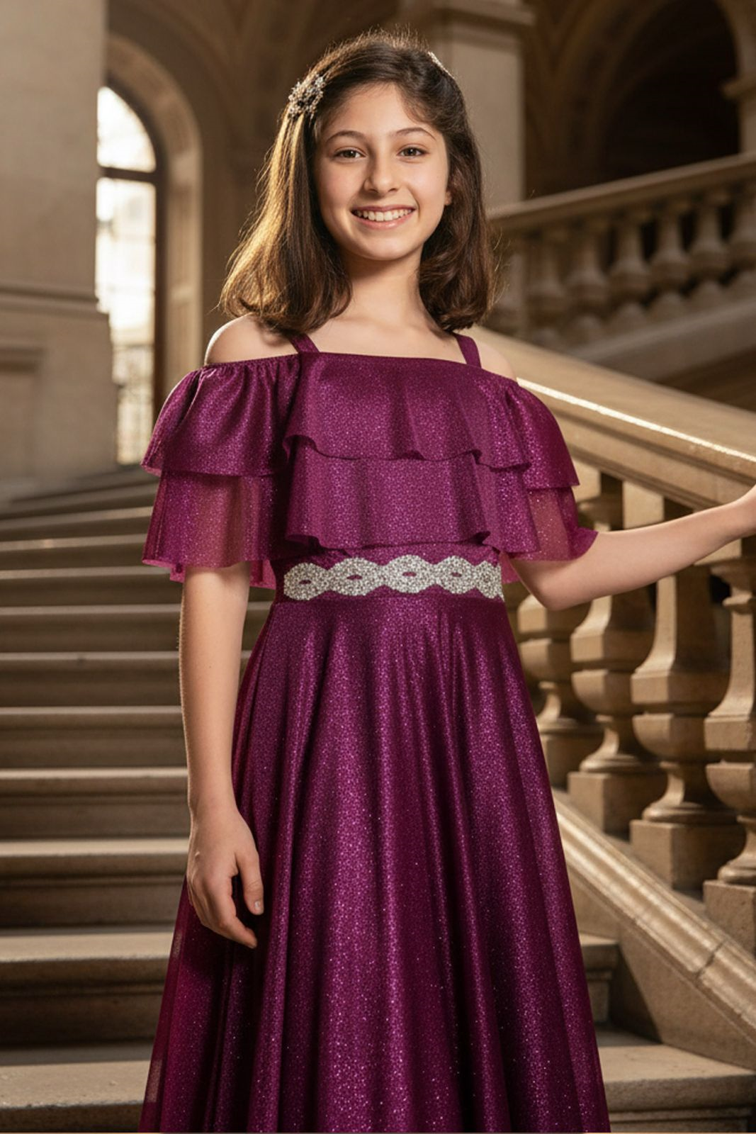 Fırfır Detaylı Simli Tül Çocuk Abiye Mor MDV314MDV314-MORModaviki