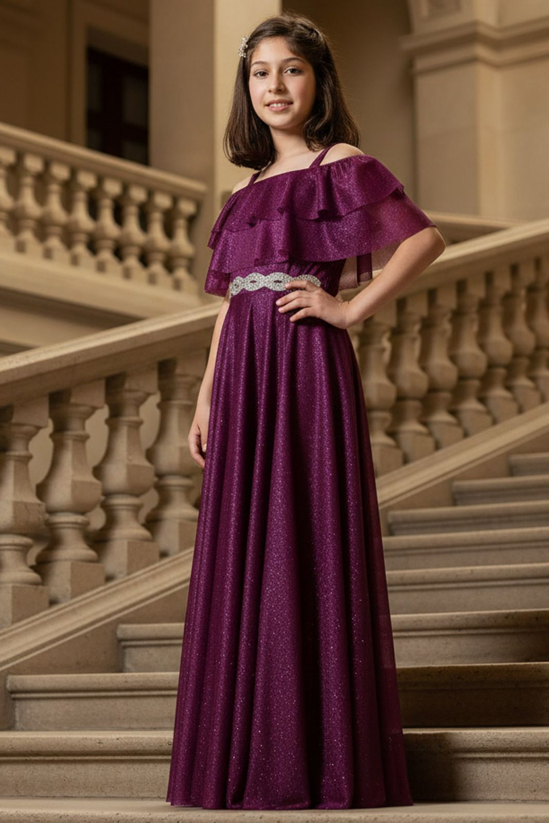 Fırfır Detaylı Simli Tül Çocuk Abiye Mor MDV314MDV314-MORModaviki