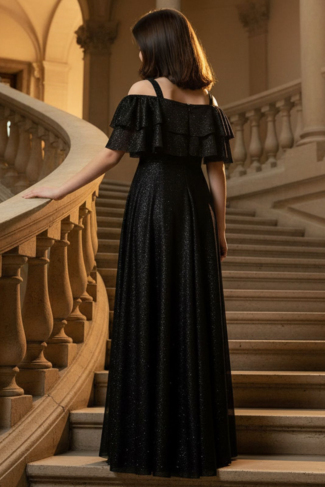 Schwarz Farbe Rüschen Detaillierte Silber Tüll Abendkleid MDV314MDV314-SİYAHModaviki