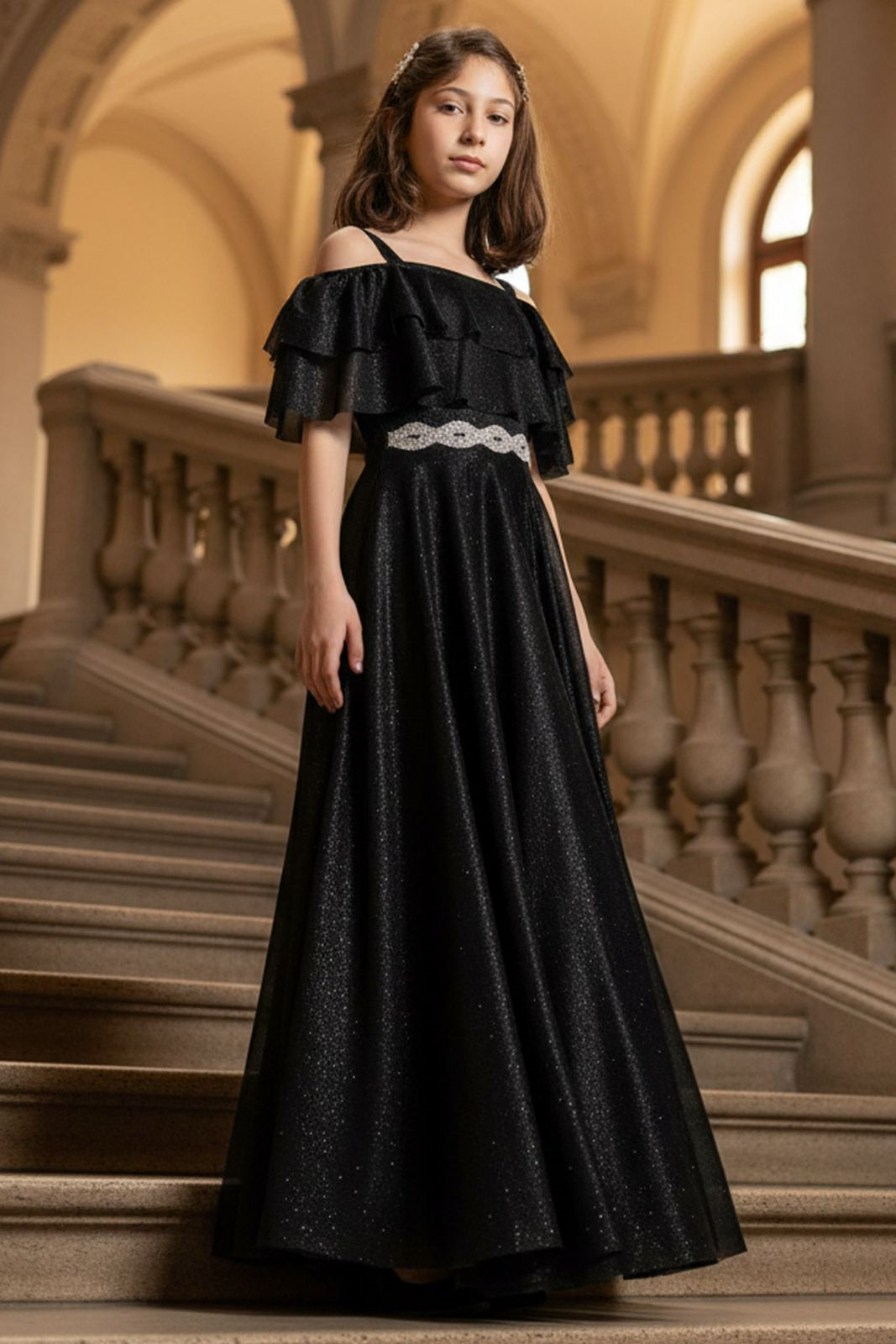 Schwarz Farbe Rüschen Detaillierte Silber Tüll Abendkleid MDV314MDV314-SİYAHModaviki