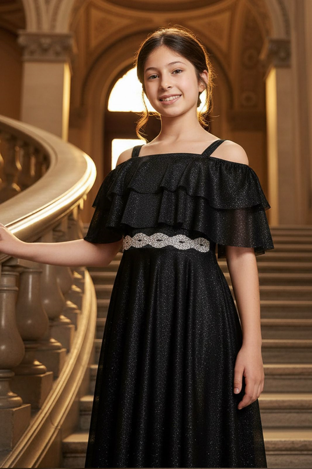 Schwarz Farbe Rüschen Detaillierte Silber Tüll Abendkleid MDV314MDV314-SİYAHModaviki