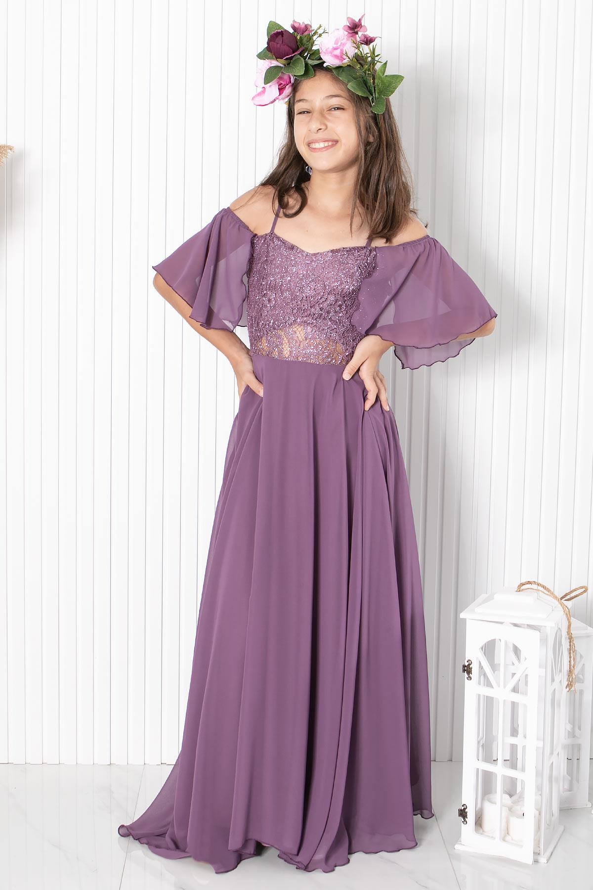 9-14 Yaş Dantelli Şifon Abiye Lila MDV330MDV330-LİLAModaviki