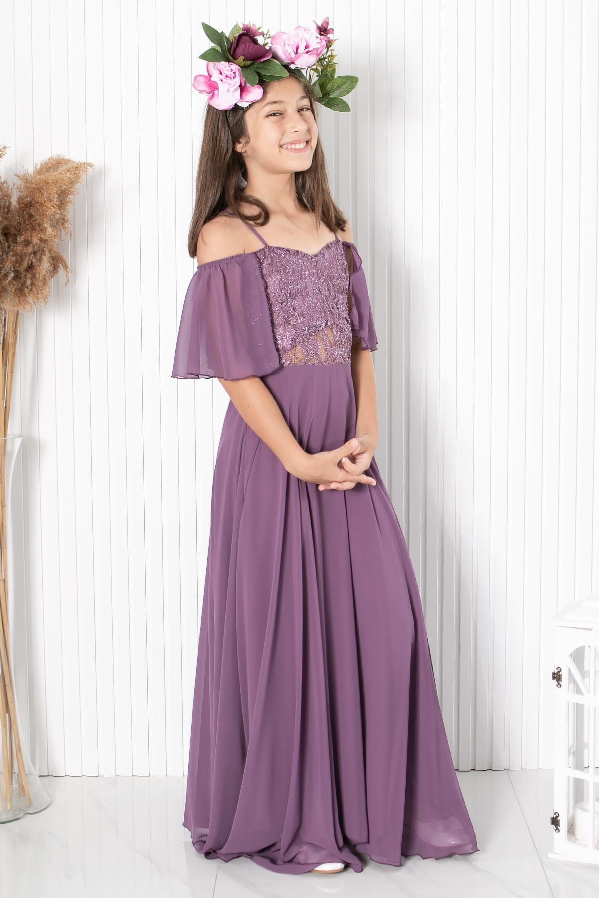 9-14 Yaş Dantelli Şifon Abiye Lila MDV330MDV330-LİLAModaviki