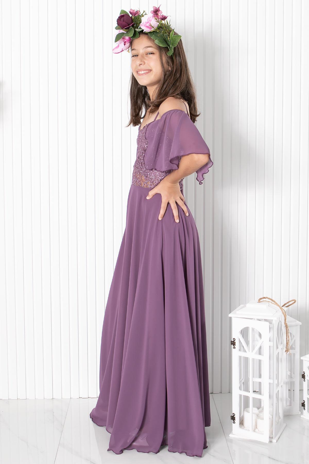 9-14 Yaş Dantelli Şifon Abiye Lila MDV330MDV330-LİLAModaviki