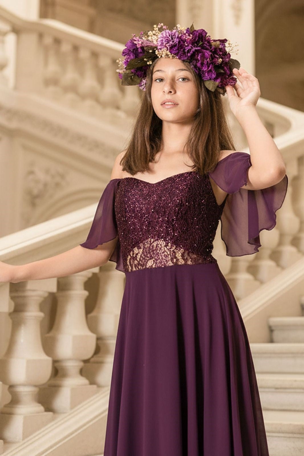 9-14 Years Old Lace Chiffon Evening Dress Plum MDV330MDV330-MÜRDÜMModaviki