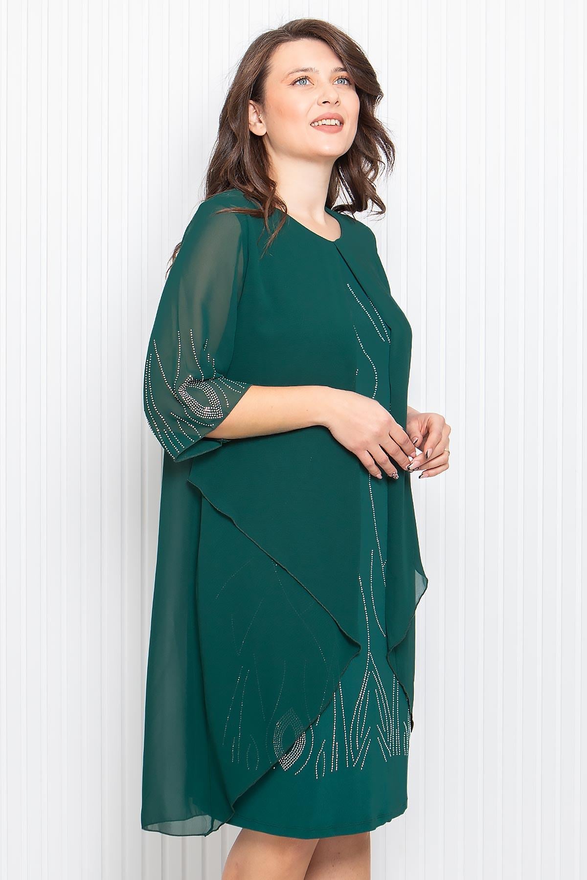 Stone Print Detailed Evening Dress Emerald MDV338MDV338-ZÜMRÜTModaviki