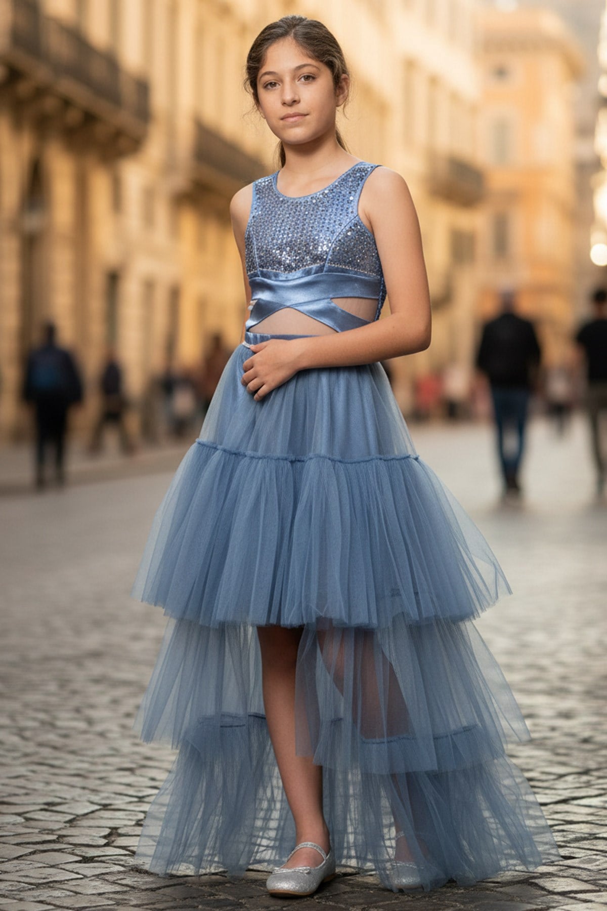 Tulle Evening Dress with Stone Print Detail Indigo MDV340MDV340-İNDİGOModaviki