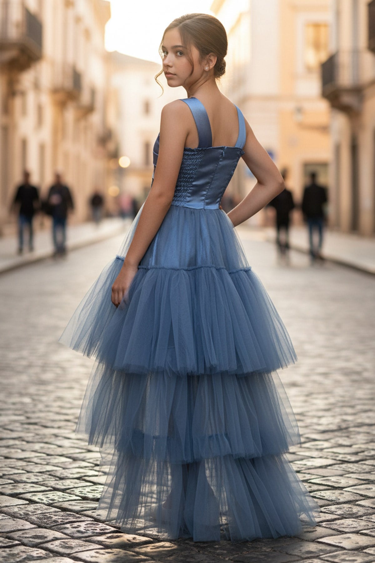 Tulle Evening Dress with Stone Print Detail Indigo MDV340MDV340-İNDİGOModaviki