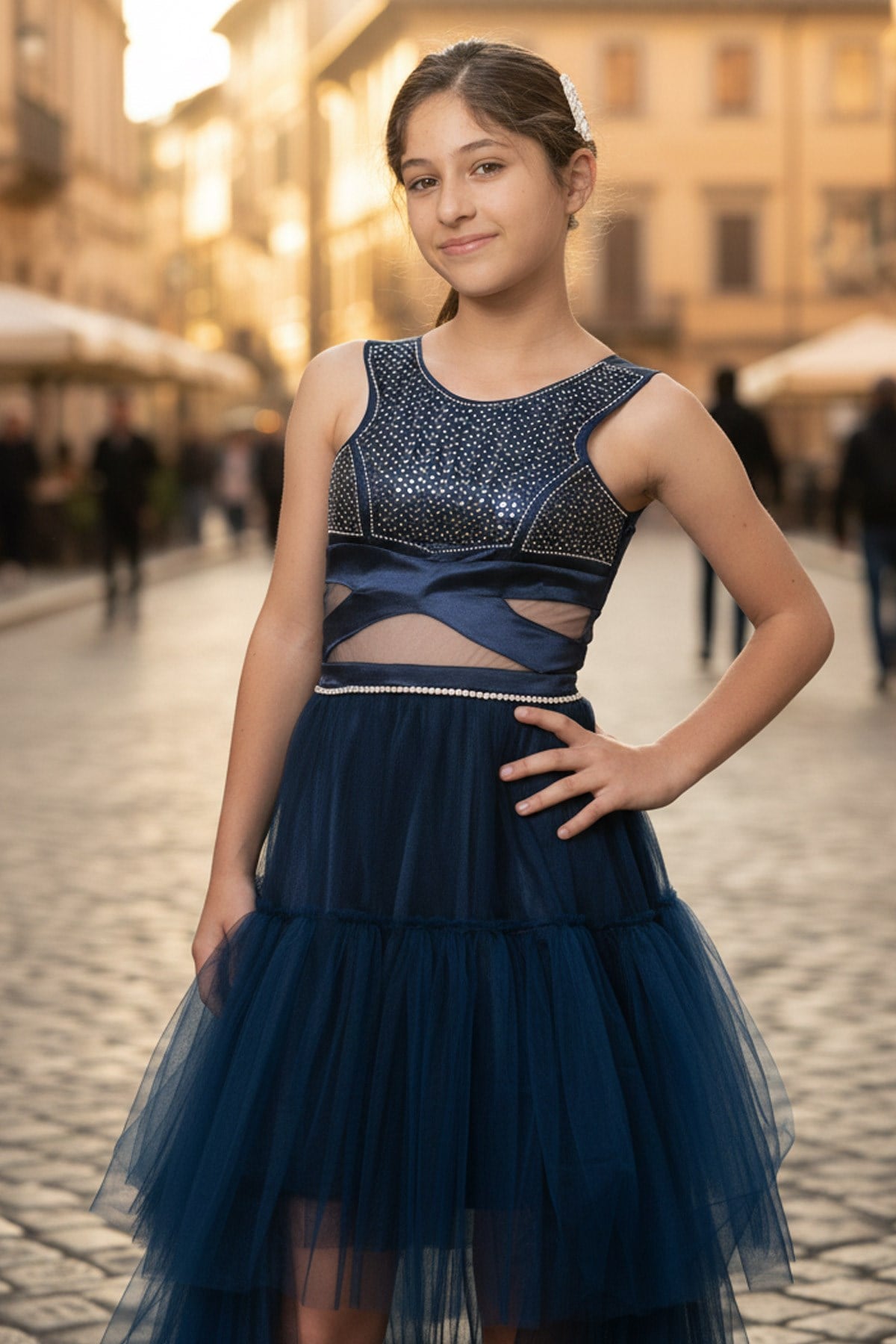 Steindruck Detail Tüll Abendkleid Navy Blau MDV340MDV340-LACİVERTModaviki