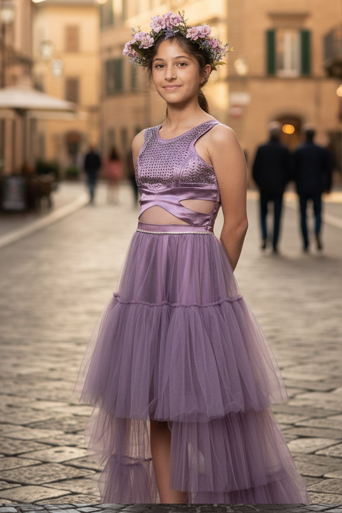 Tulle Evening Dress with Stone Print Detail Lilac MDV340MDV340-LİLAModaviki