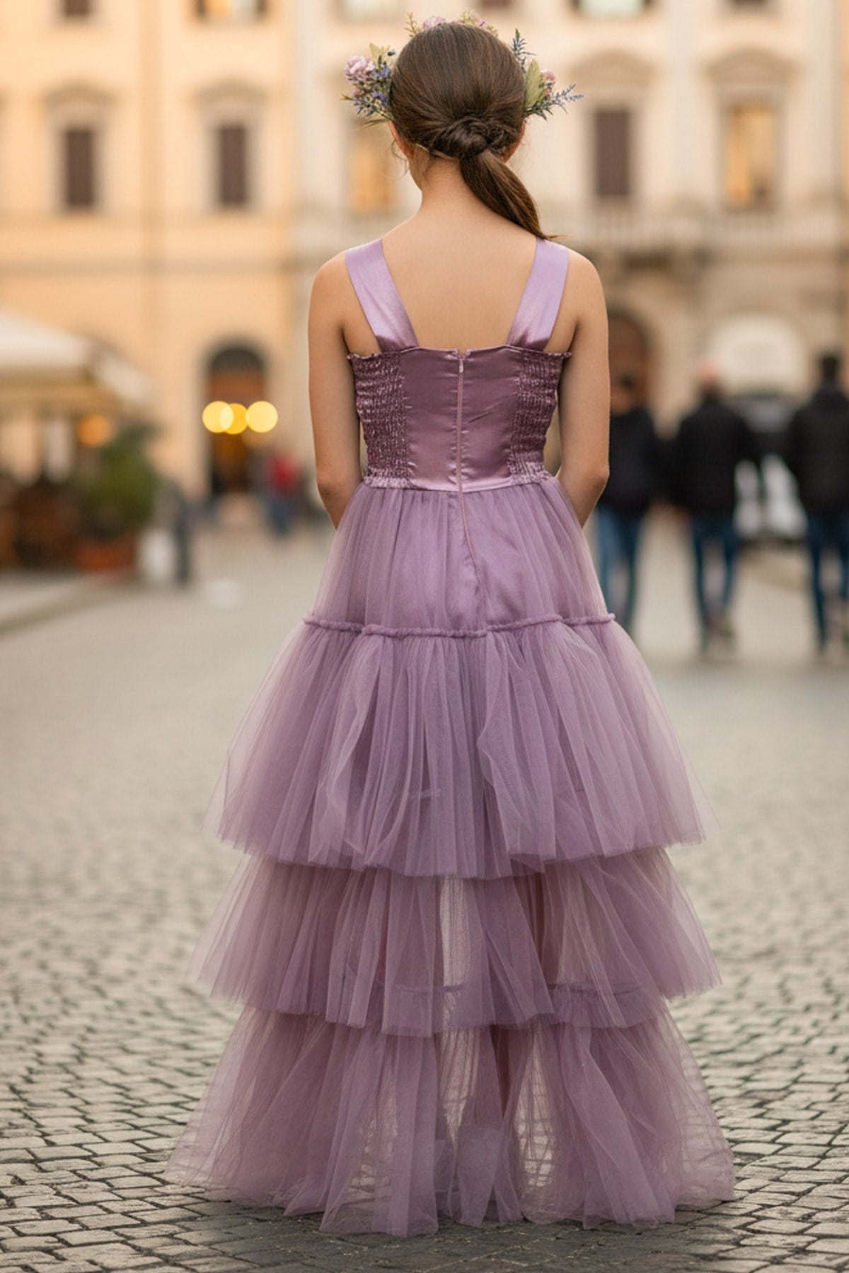 Tulle Evening Dress with Stone Print Detail Lilac MDV340MDV340-LİLAModaviki