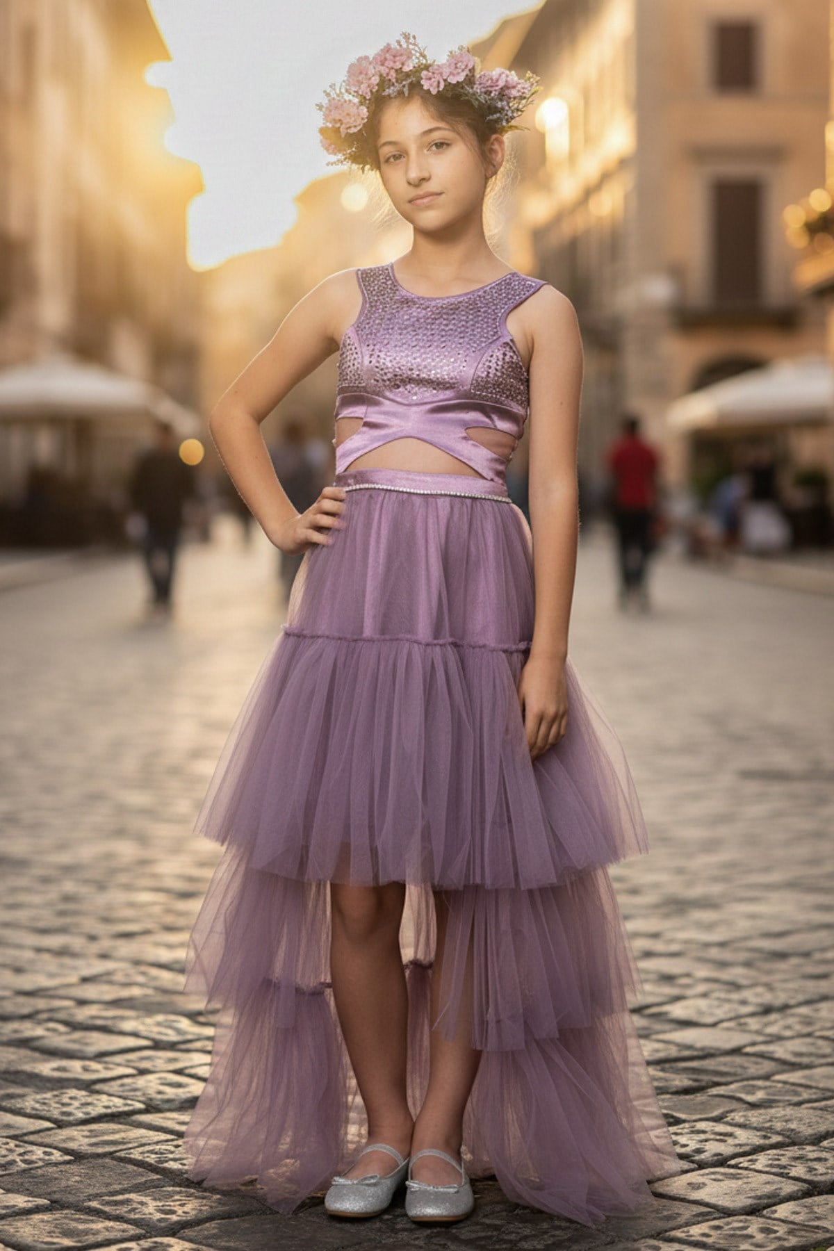 Tulle Evening Dress with Stone Print Detail Lilac MDV340MDV340-LİLAModaviki