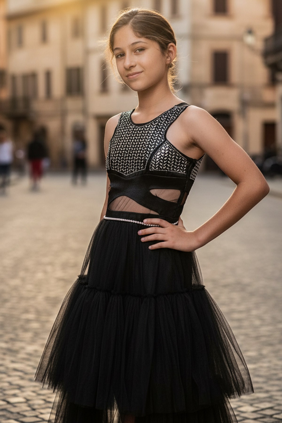 Robe de soirée en tulle détaillée à imprimé pierre Noir MDV340MDV340-SİYAHModaviki